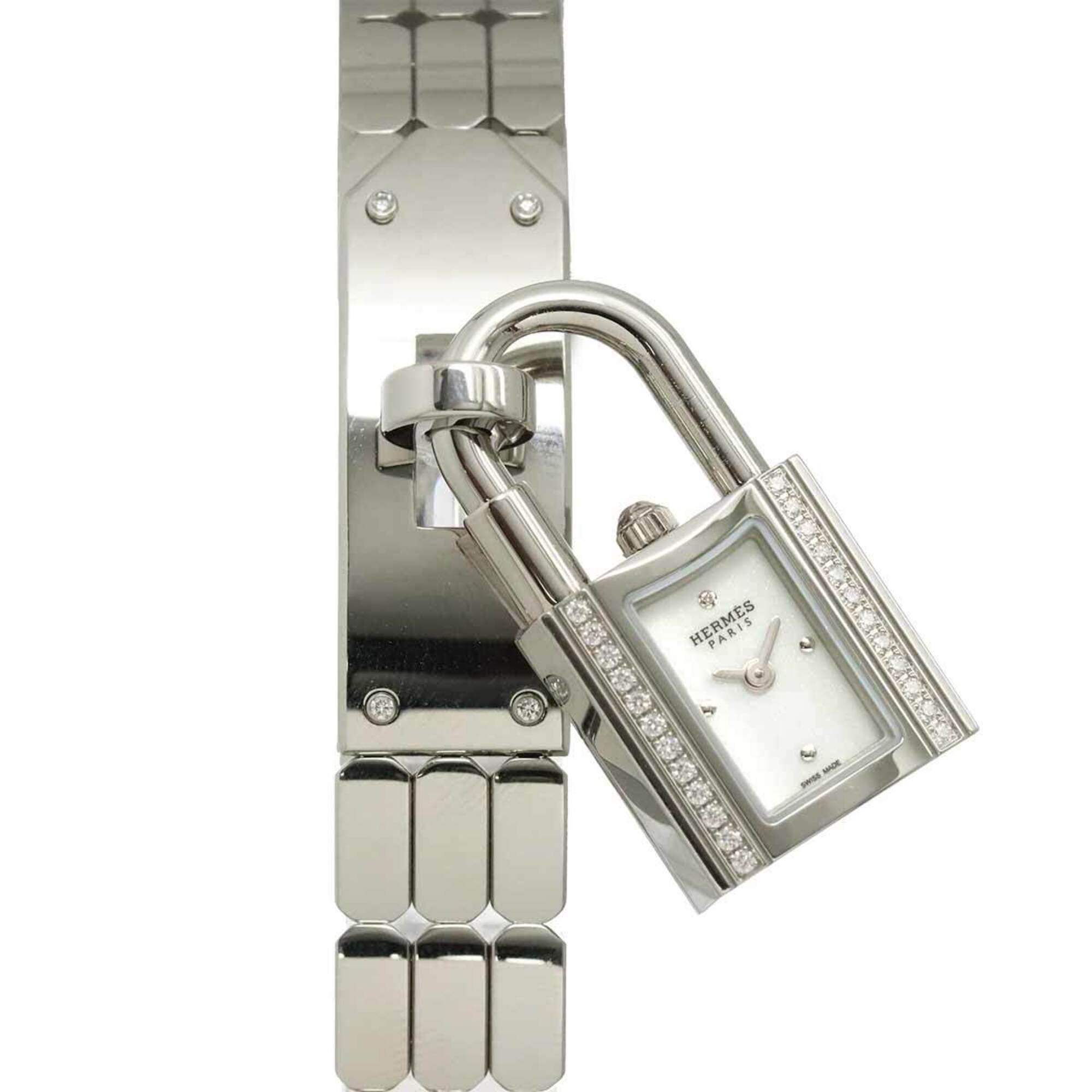 Hermes Kelly Watch KE4 130b Diamond Bezel Women\'s White Quartz with Padlock
