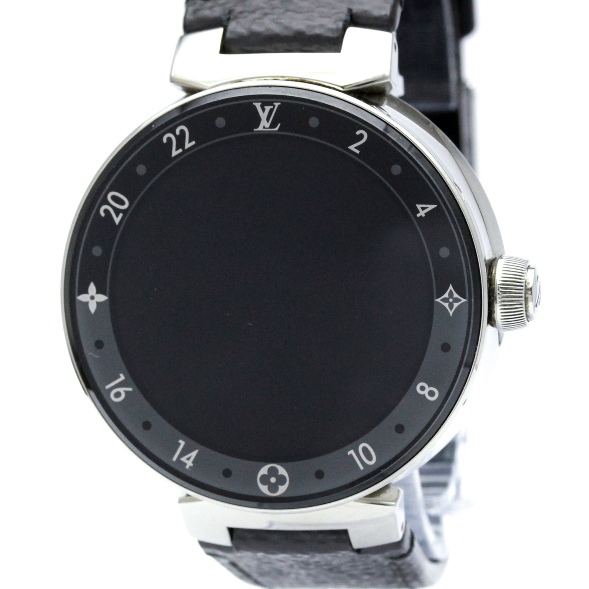LOUIS VUITTON Tambour Horizon Steel Leather Quartz Mens Watch QA050 Polished