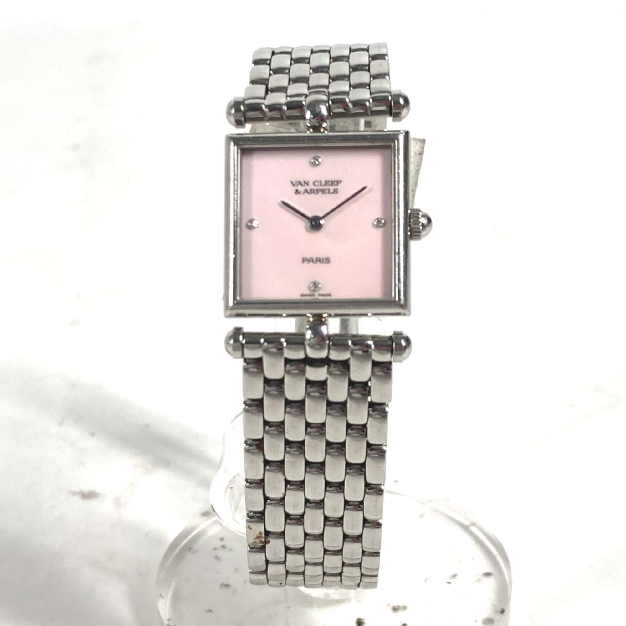 Van Cleef & Arpels 522642 Pink Shell Classic Cale 4P Diamond Square Ladies Watch Stainless Steel M-241220-2