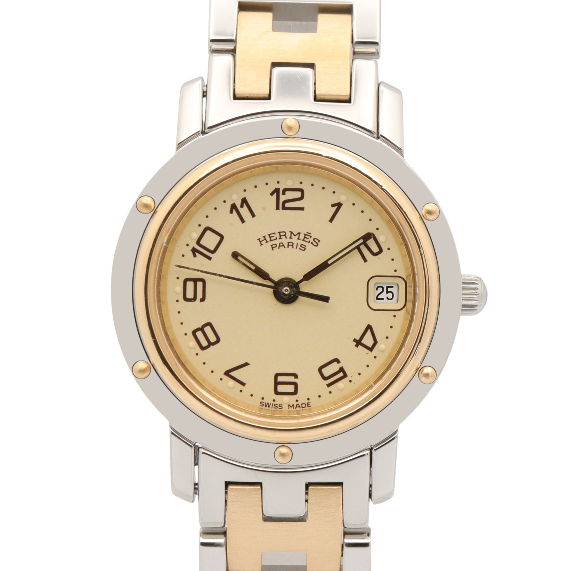 Hermes Clipper Two-Tone Watch, Gold Plated Stainless Steel, Women\'s, Ivory, CL4.220