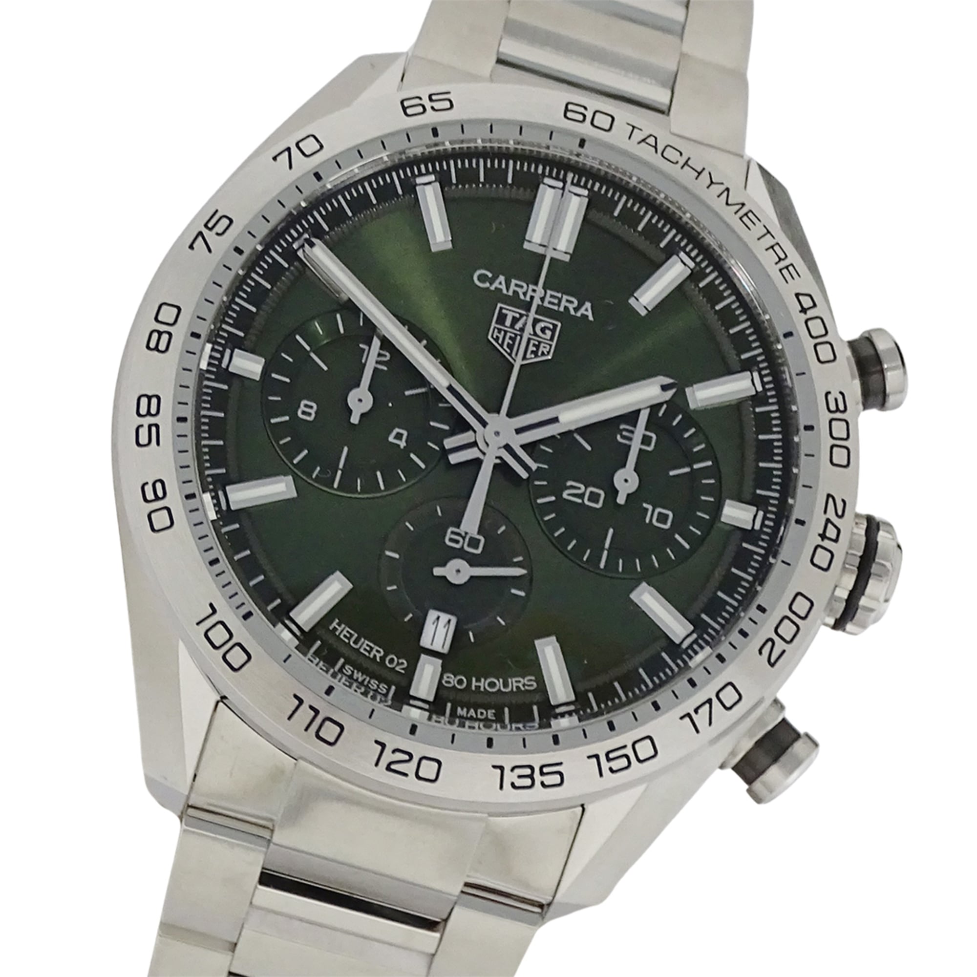 TAG Heuer Carrera Calibre 02 CBN2A10 BA0643 Men\'s Watch, Brand Name, Sport Chronograph, Automatic, Stainless Steel (SS), Silver/Green, Open Caseback