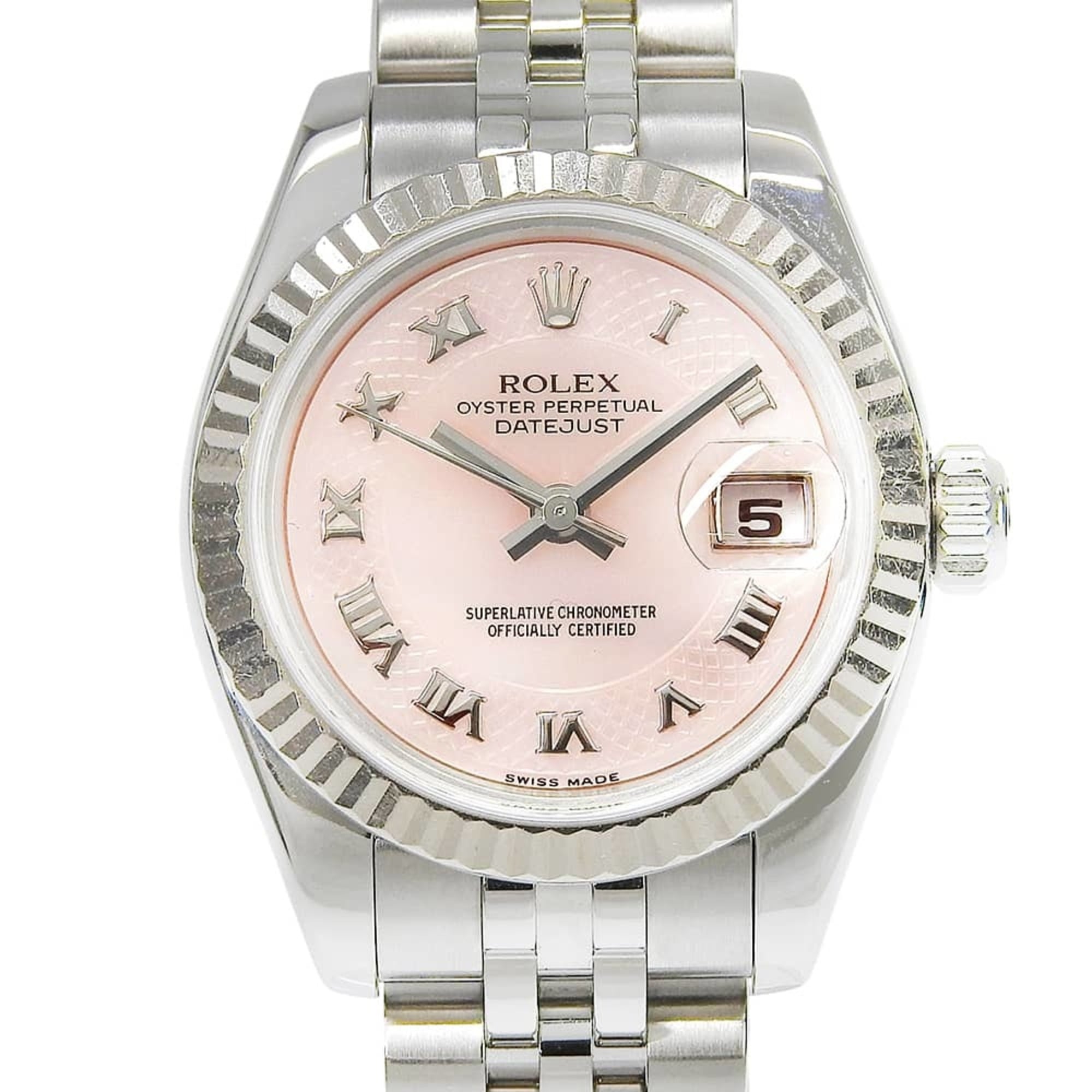 Rolex Datejust 179174NR (D-serial number), pink mother-of-pearl dial, 18K white gold/stainless steel, automatic movement, approximately 26mm, October 2025.