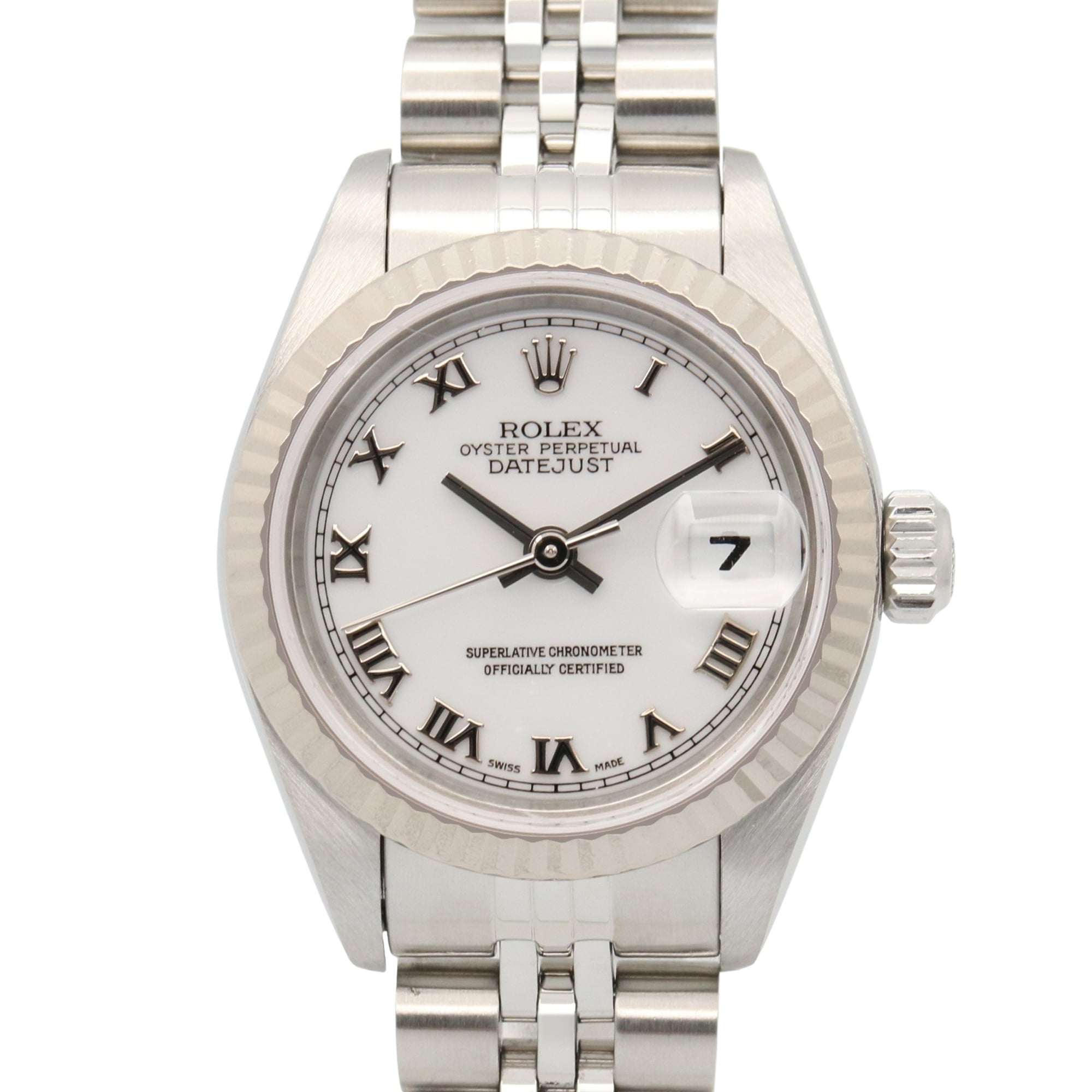 Rolex Datejust A-series watch, 18K white gold (WG) stainless steel, ladies\', dial, Roman numerals, 69174