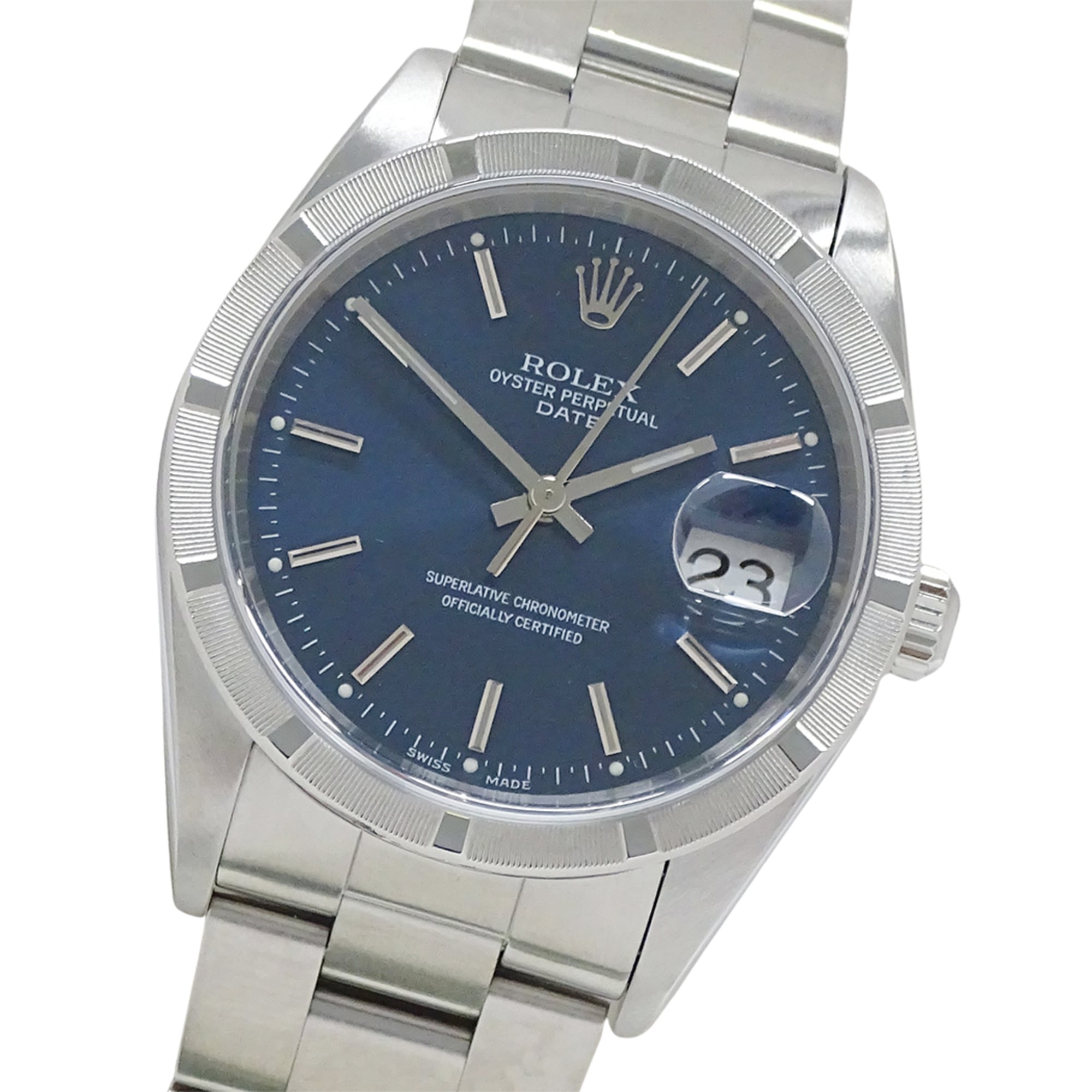 Rolex Oyster Perpetual Date 15210 (Y-serial) Men\'s Automatic Watch, Stainless Steel (SS), Silver & Blue Frame.
