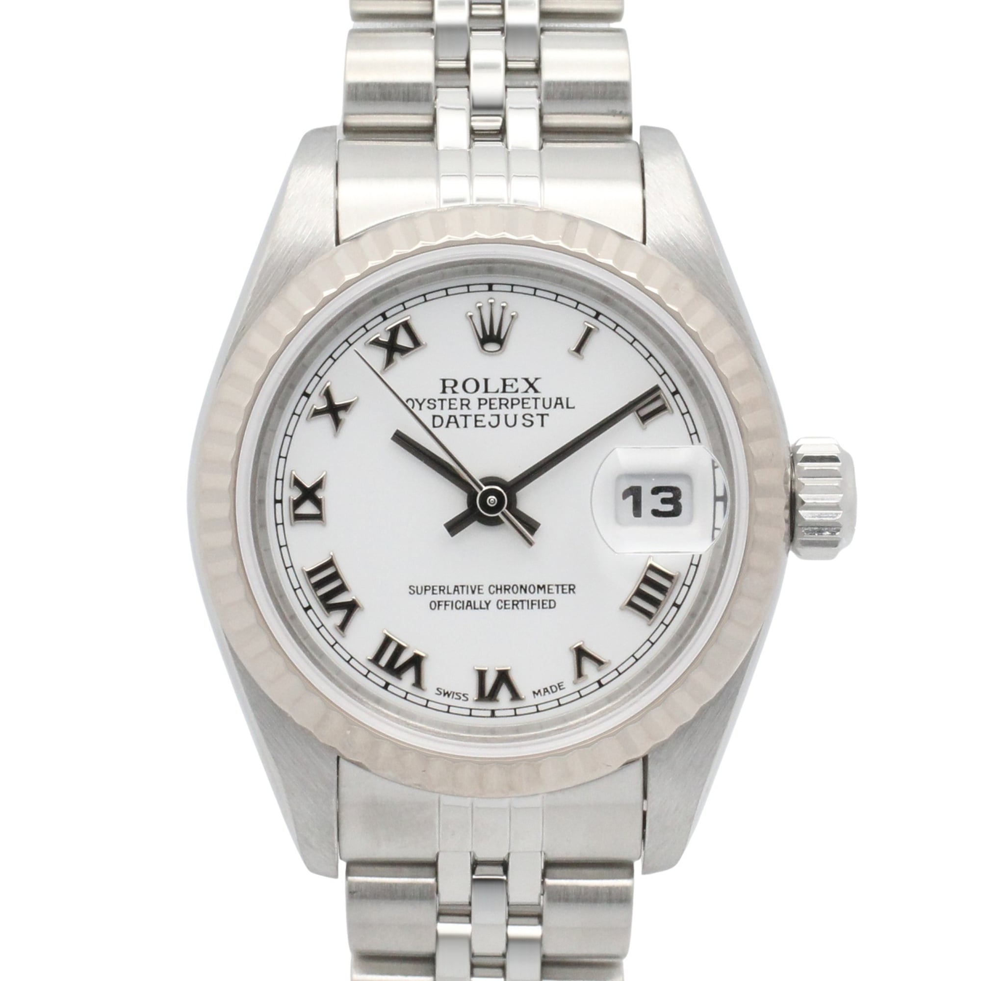 Rolex Datejust F-serial watch, 18K white gold (WG) stainless steel, ladies\', dial, Roman numerals, 79174
