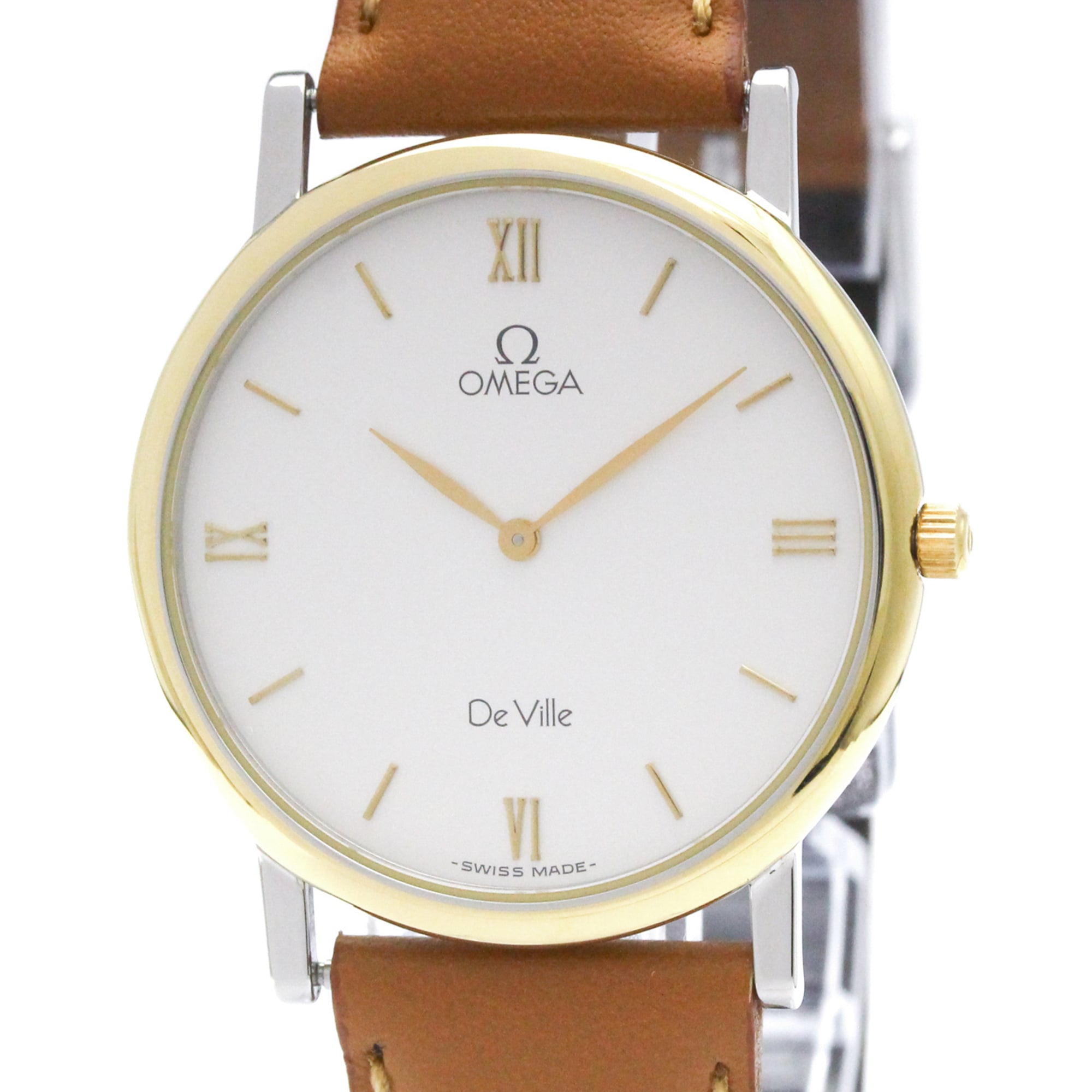 OMEGA De Ville Gold Plated Steel Leather Quartz Mens Watch 195.2378 Polished