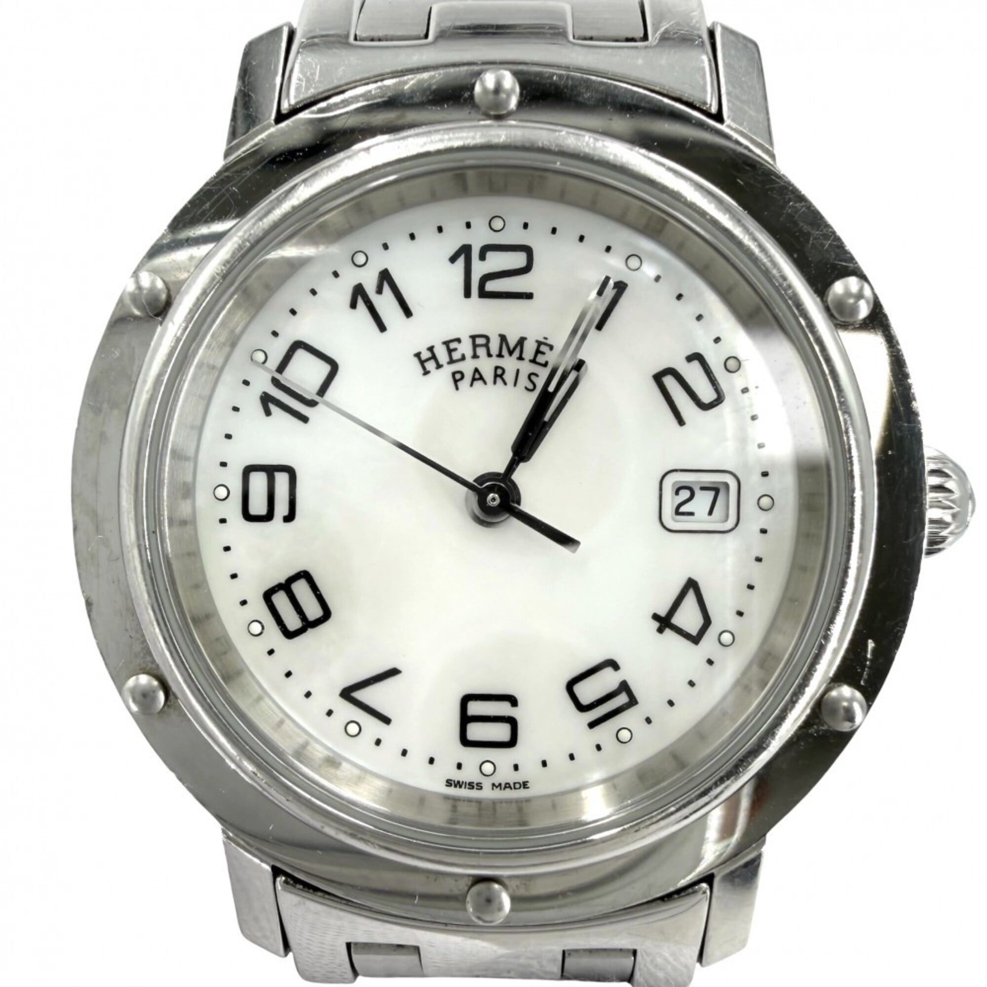 Hermes Women\'s Clipper Watch, Arabic Numerals, Date, Stainless Steel, Battery-Powered, White Dial, HERMES CL6.410, Quartz, Mother-of-Pearl, Silver