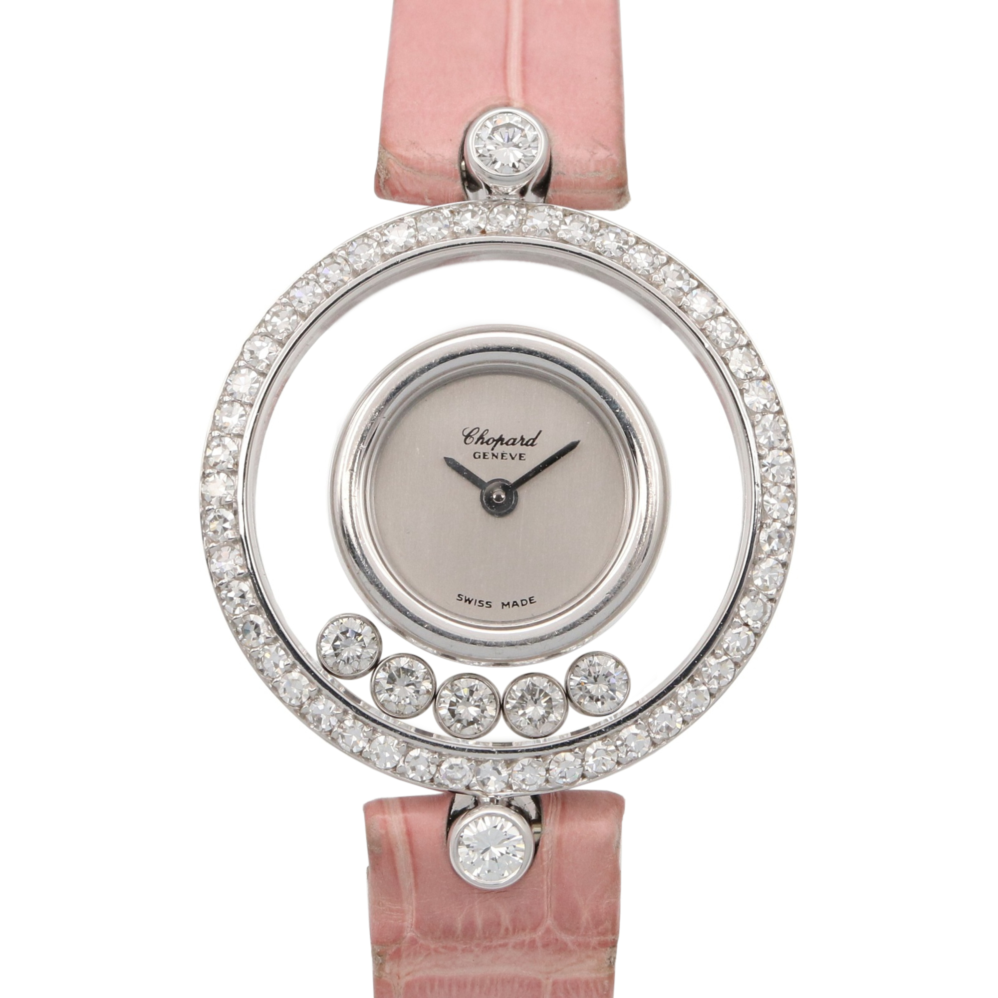 Chopard Happy Diamonds Watch, 18K White Gold (WG), Diamond, Leather Strap, Ladies, Silver Tone, 20 3926