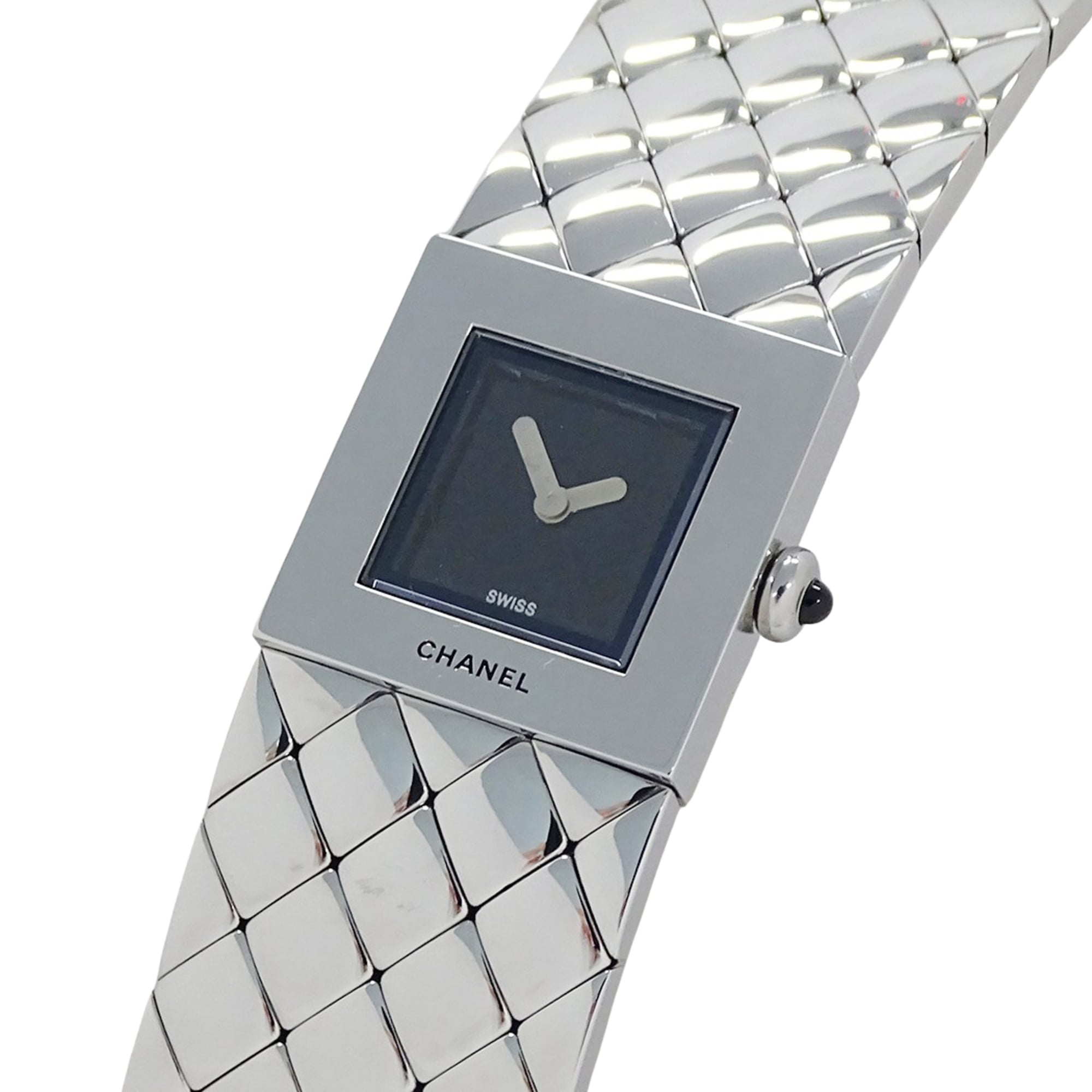 Chanel women\'s watch, brand name, Matelassé, quartz, stainless steel (SS), H0009, silver, black, square.
