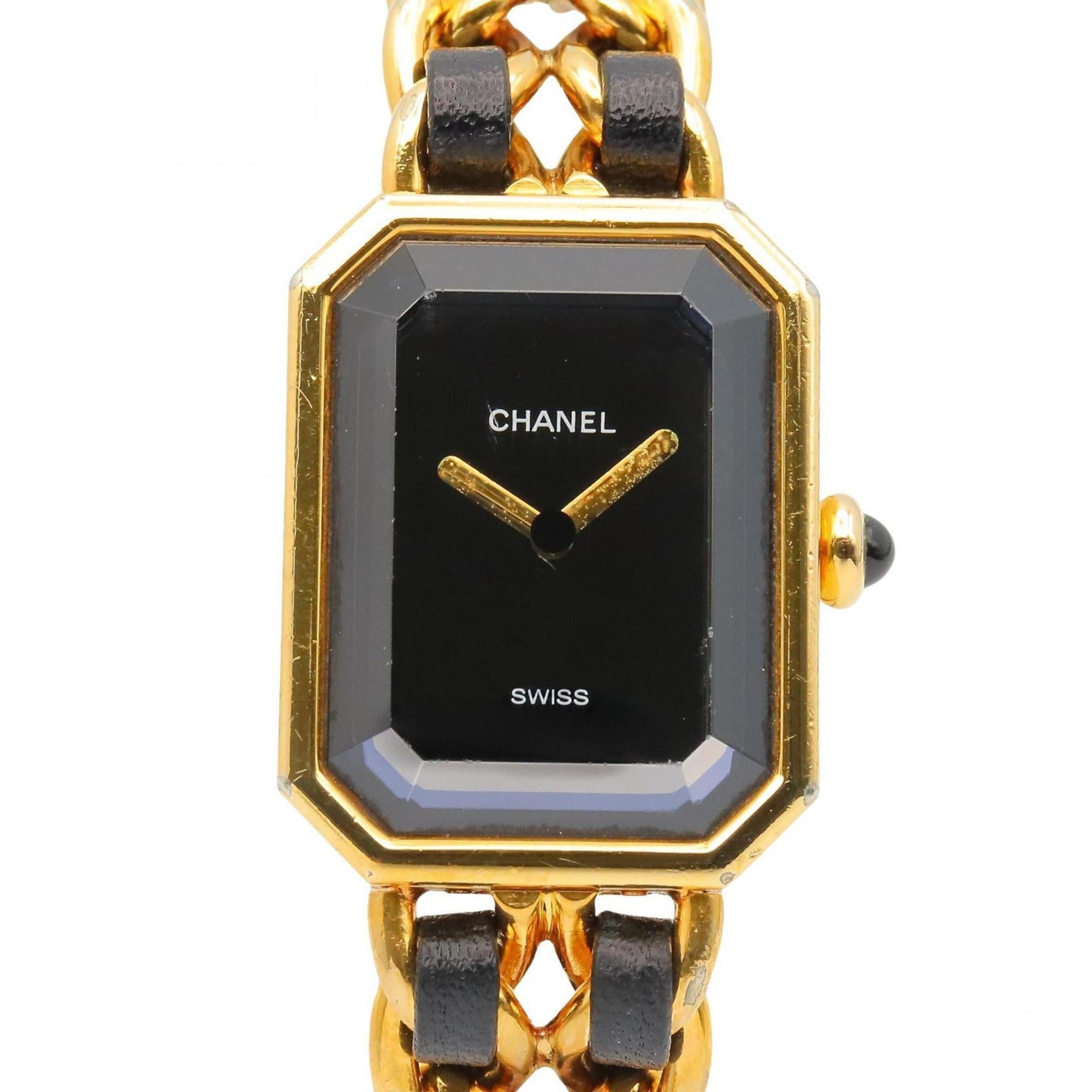 CHANEL Premiere M Watch, Gold-Plated, with Leather Strap, Black, Women\'s, H0001