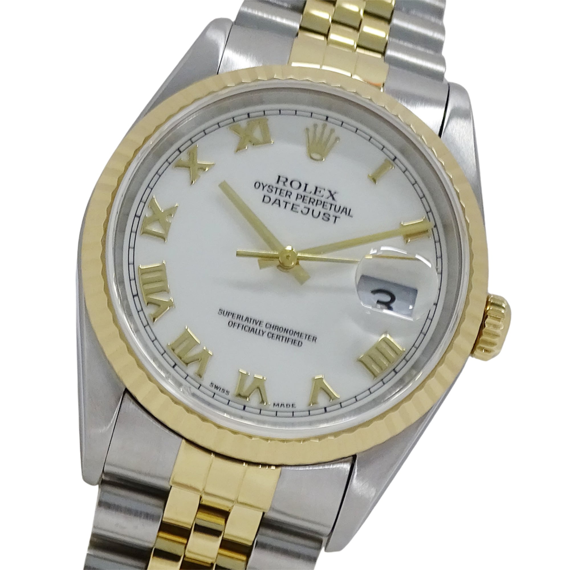 Rolex Datejust 16233 T-serial Men\'s Watch, Brand Name, Automatic Movement, Stainless Steel (SS), Gold (YG), and White Trim.
