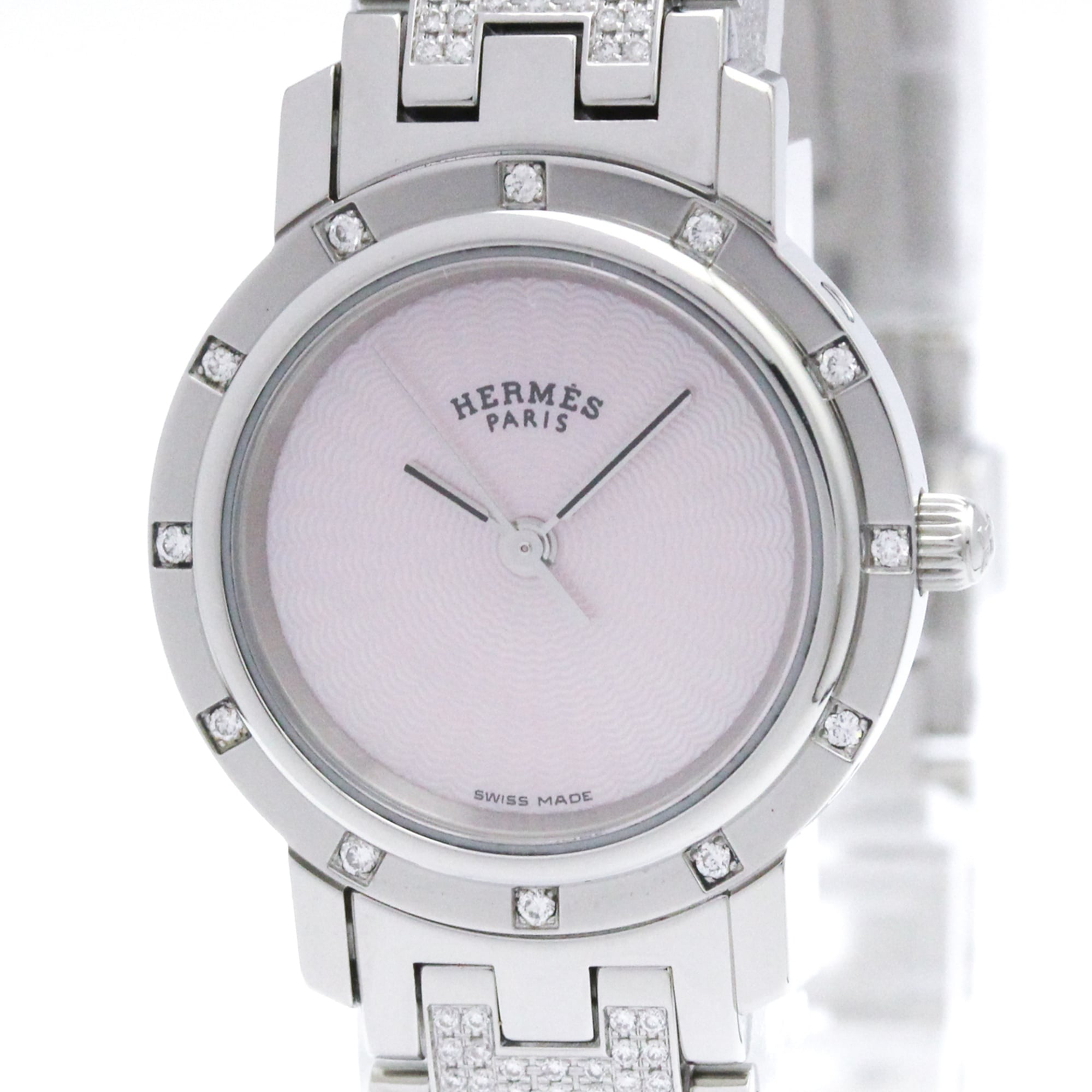 HERMES Clipper Diamond Pink MOP Quartz Ladies Watch CL4.230 Polished