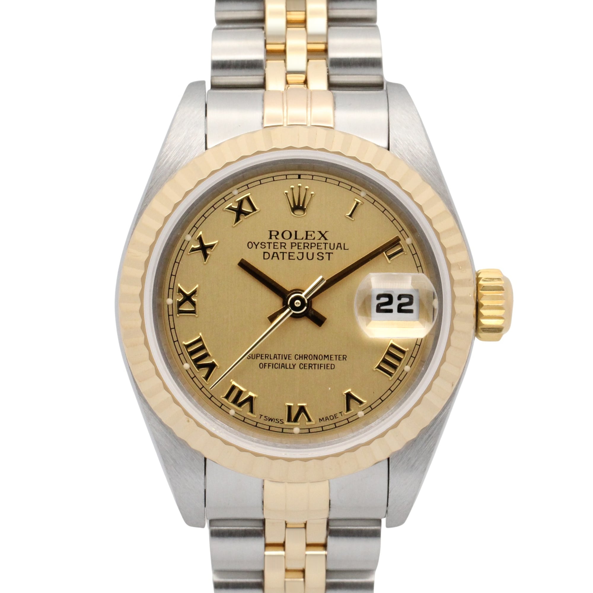 Rolex Datejust Y-serial watch, 18K (yellow gold) stainless steel, ladies\', gold-tone champagne color, Roman numerals, 79173