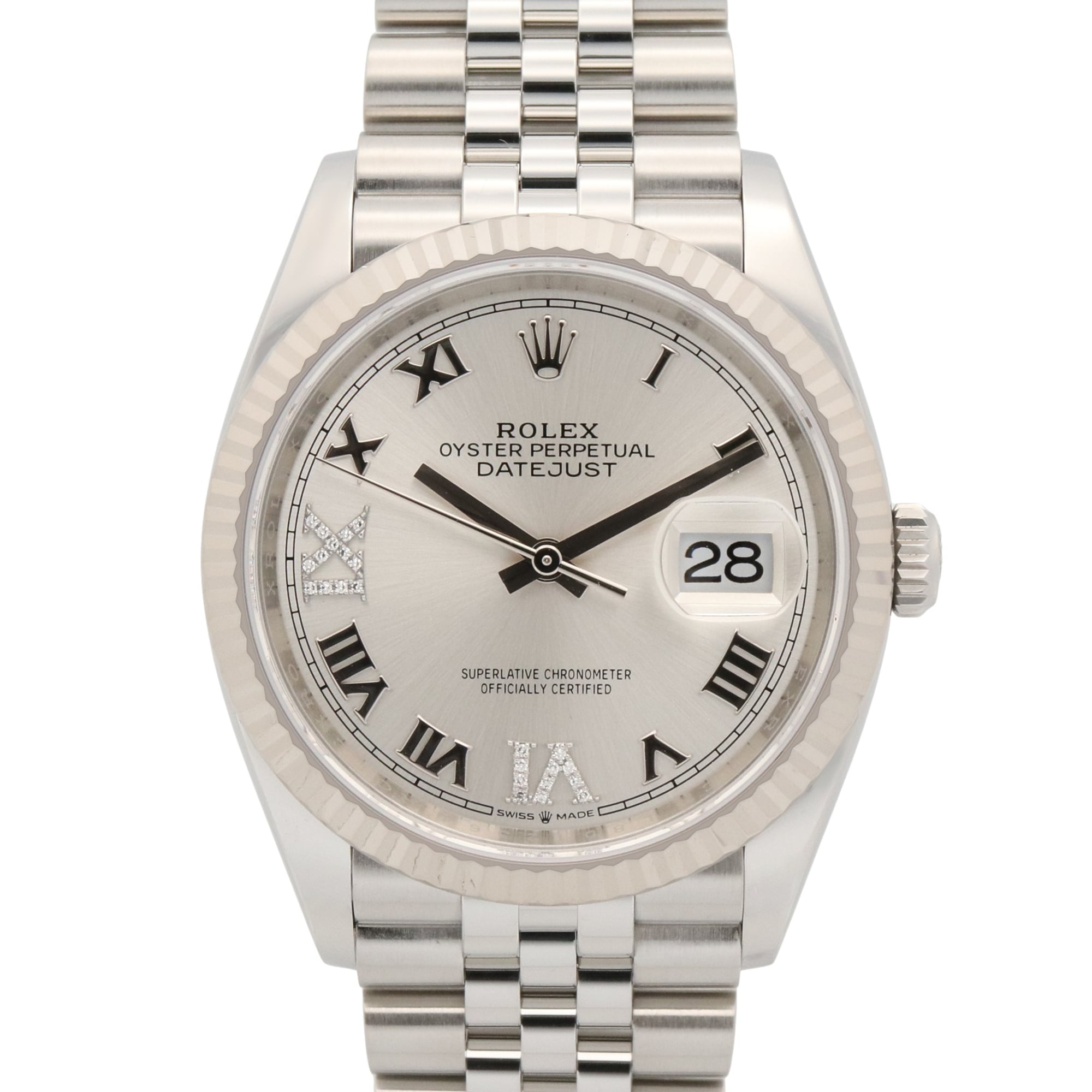 Rolex Datejust VI IX Diamond Random Serial Number Watch 18K White Gold (18KWG) Stainless Steel Men\'s Silver Tone Roman Numerals 126234