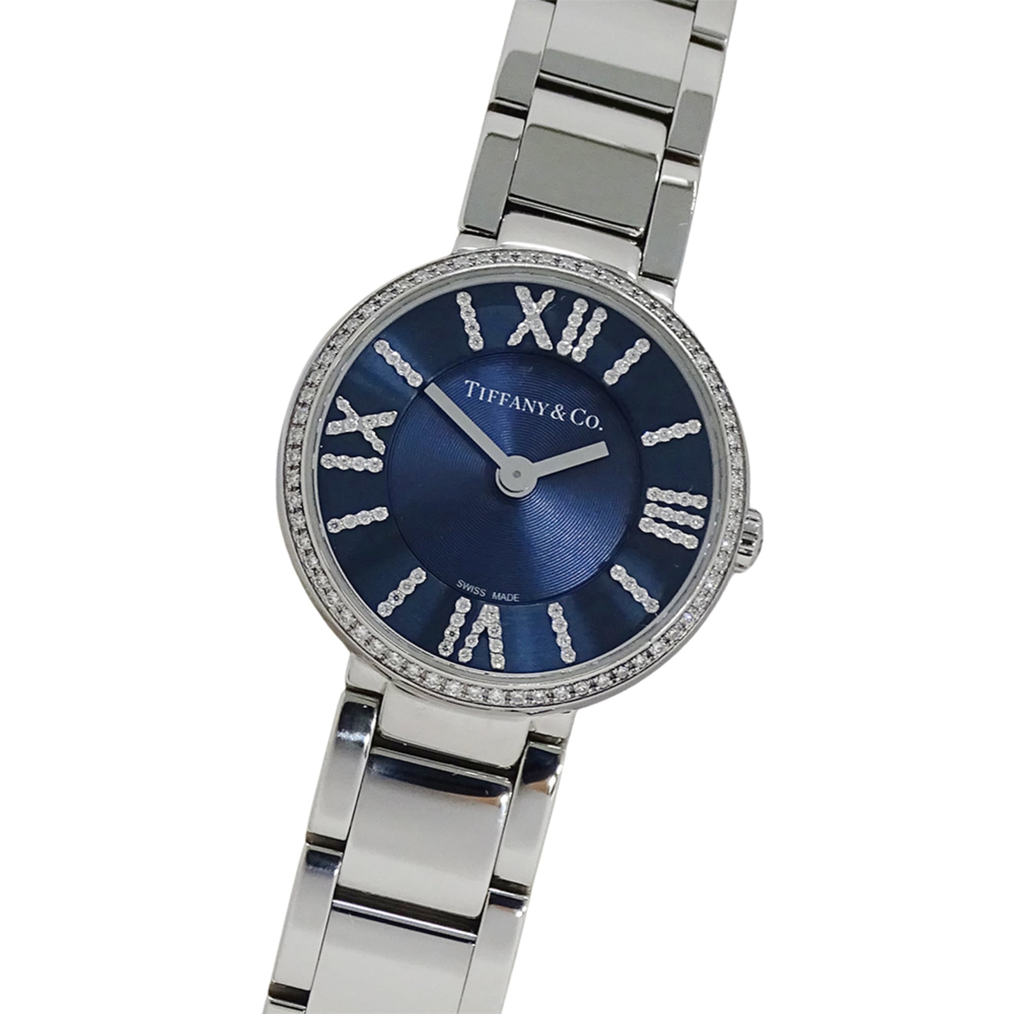 Tiffany & Co. Women\'s Atlas Diamond Quartz Watch, Stainless Steel (SS), Silver/Navy, 69291651, Polished.