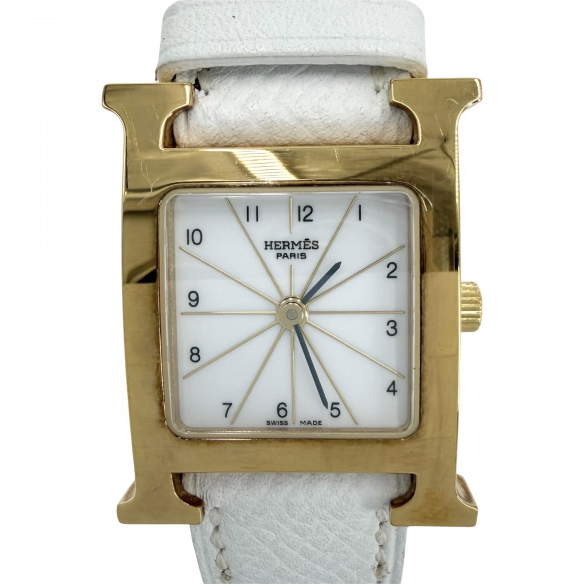 Hermes Women\'s H-Watch, Battery-Powered, White Dial, H WATCH HERMES HH1.201, Quartz Movement, Leather Strap, Gold and White, 2007 Model
