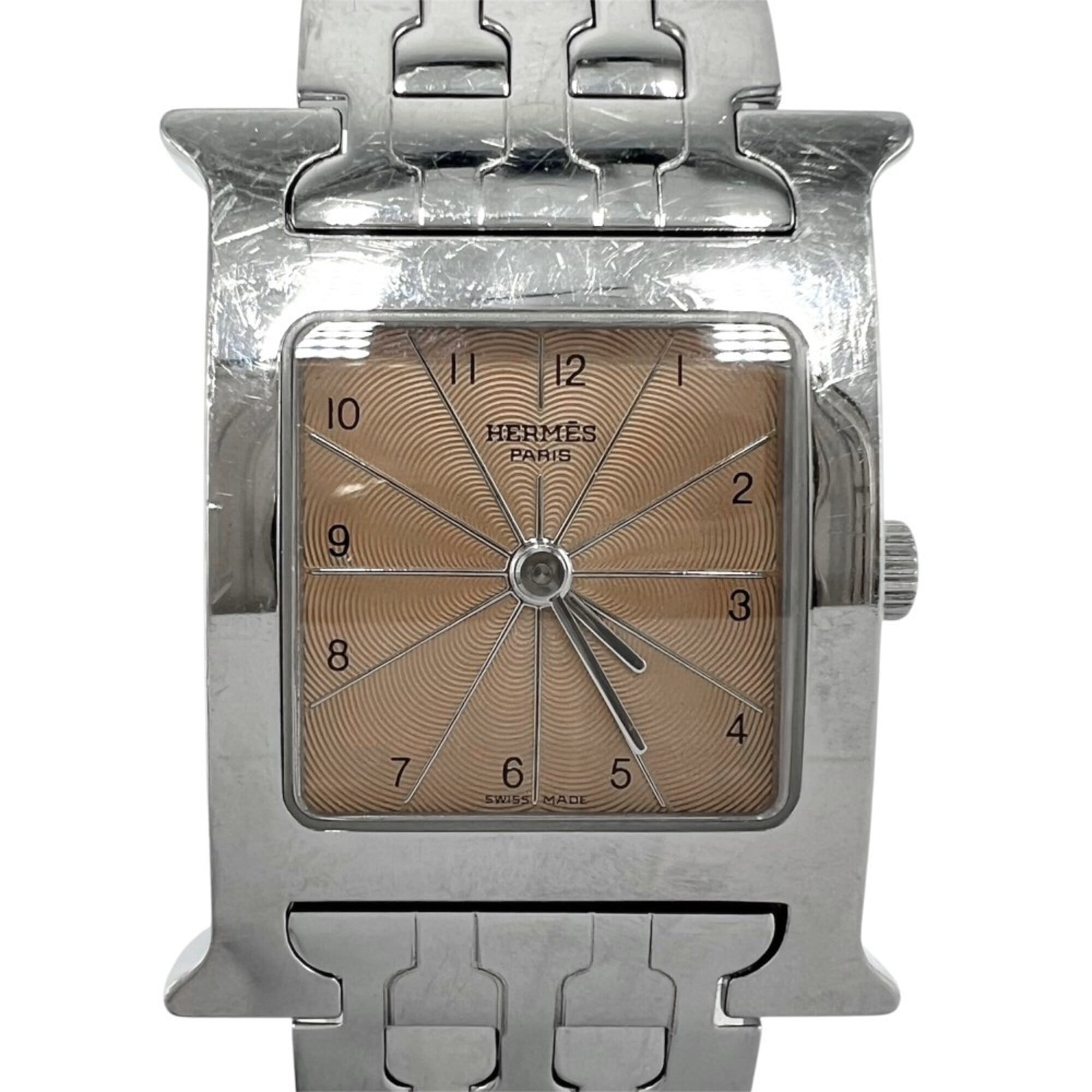 Hermes Women\'s H-Watch Quartz Watch with Guilloche Dial, H WATCH, Battery-Powered, Stainless Steel, Silver/Orange, HERMES HH1.210