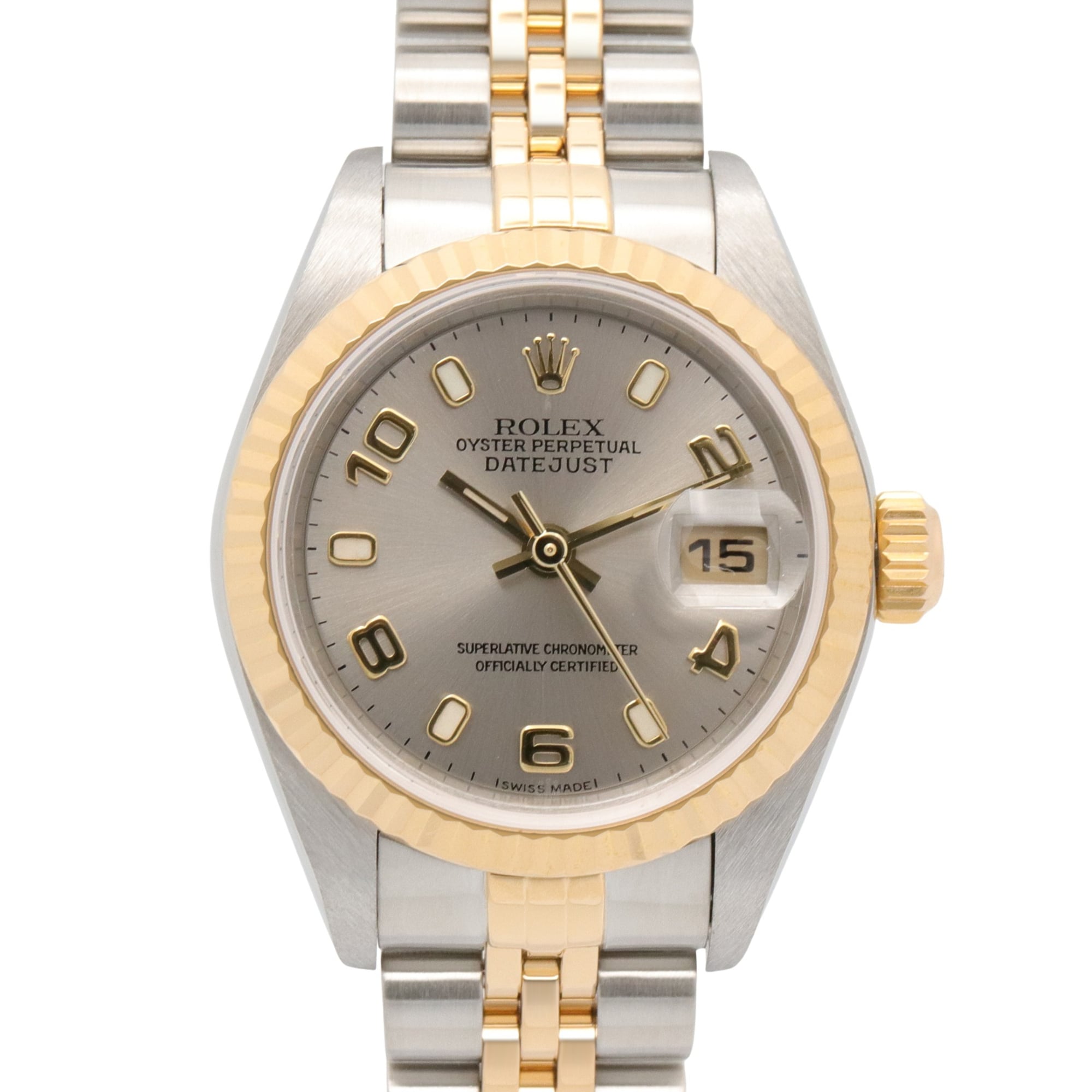 Rolex Datejust K-series watch, 18K (yellow gold) stainless steel, ladies\', silver-toned, with Arabic numerals, 79173.