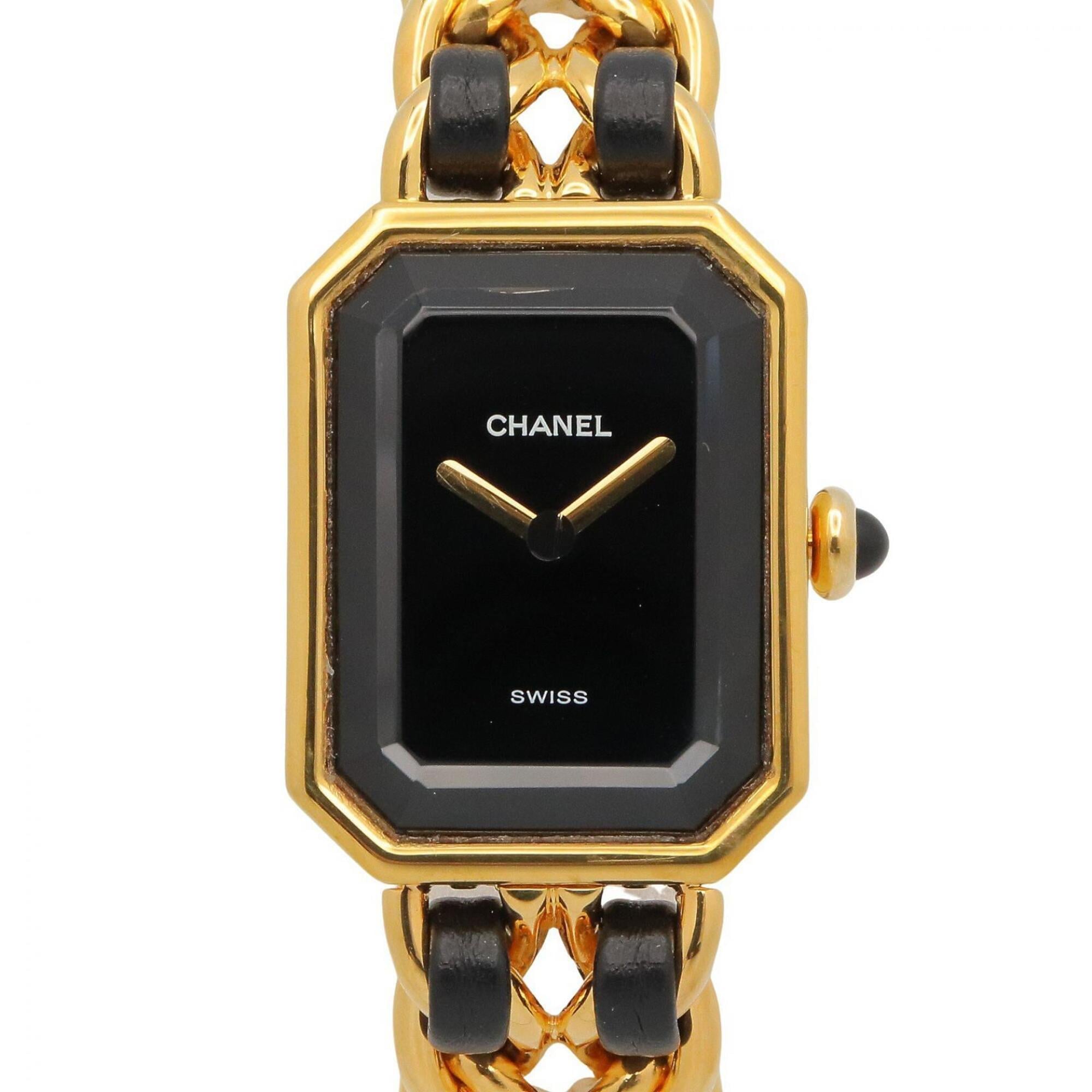 Chanel CHANEL Première S Watch, Gold Plated (GP), Leather Strap, Women\'s, Black, H0001