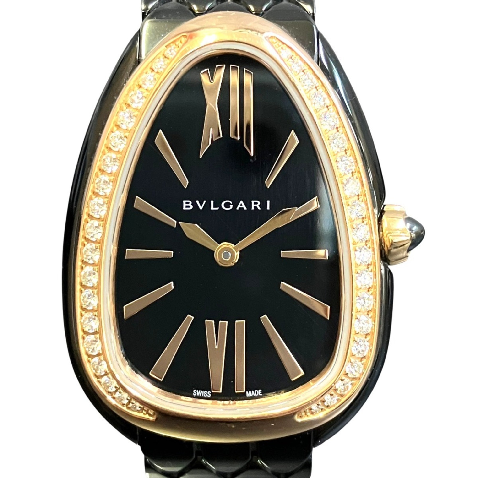 Bulgari BVLGARI Serpenti Seduttori Watch, Total Weight 62.4g, Stainless Steel, Diamond, Quartz, Black Dial, 103706