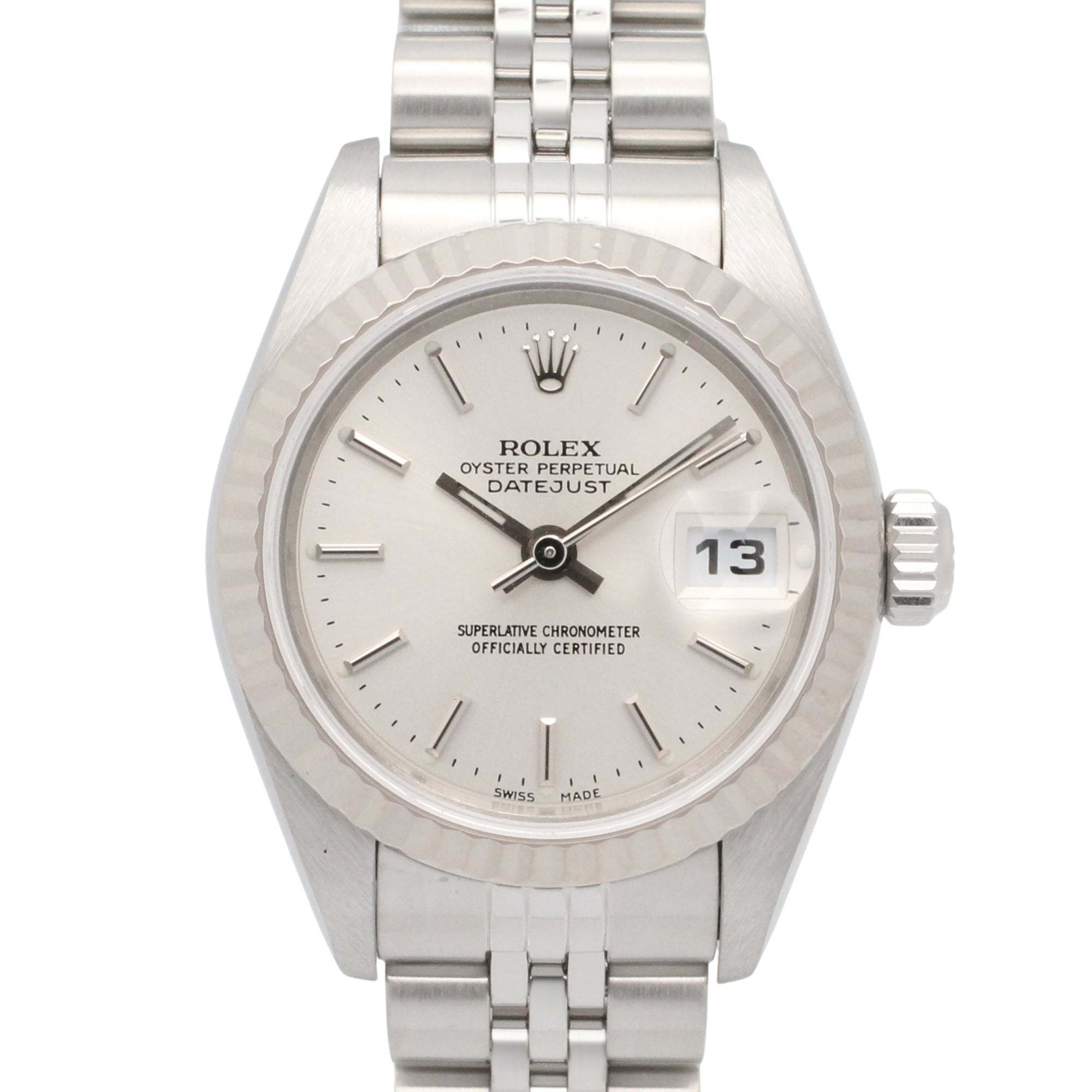 Rolex Datejust P-series watch, 18K white gold (WG) stainless steel, ladies\', silver-tone bar casing, 79174.