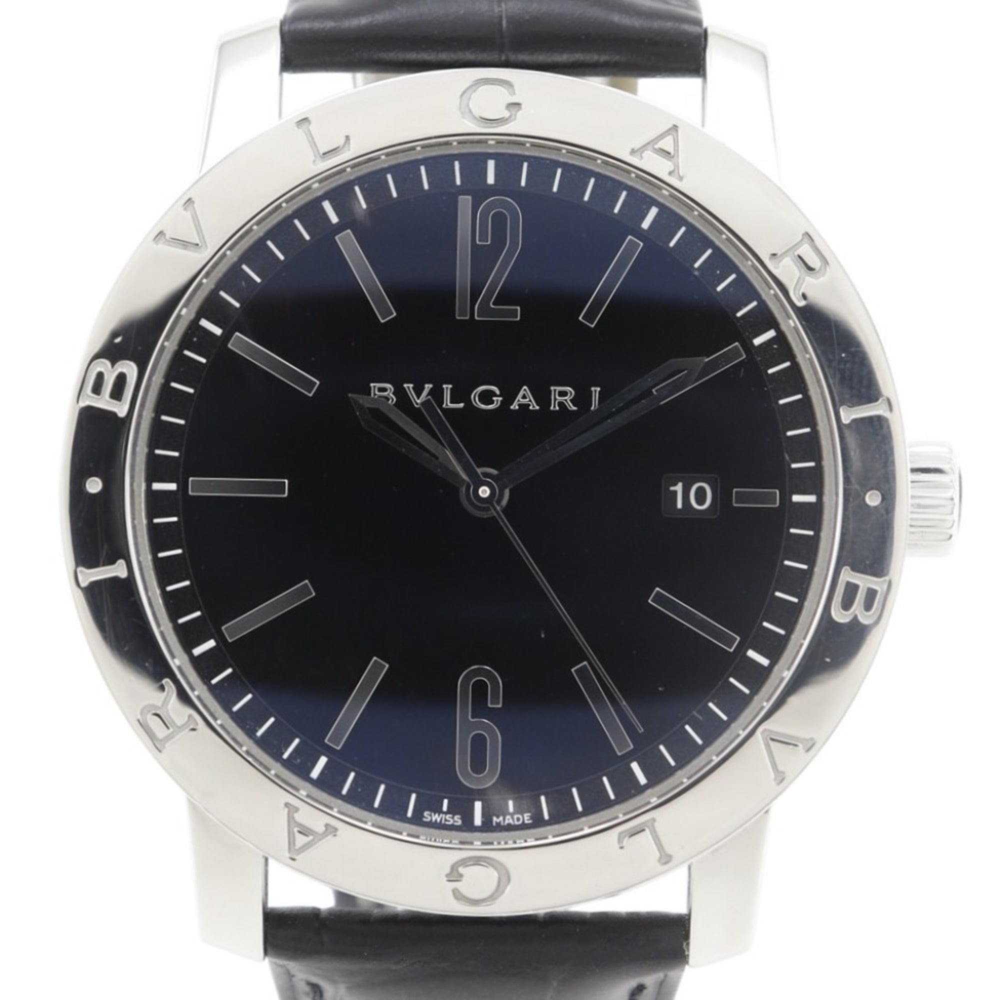 Bvlgari Watch BB41BSLD Stainless Steel and Leather Automatic Analog Display Black Dial Men\'s