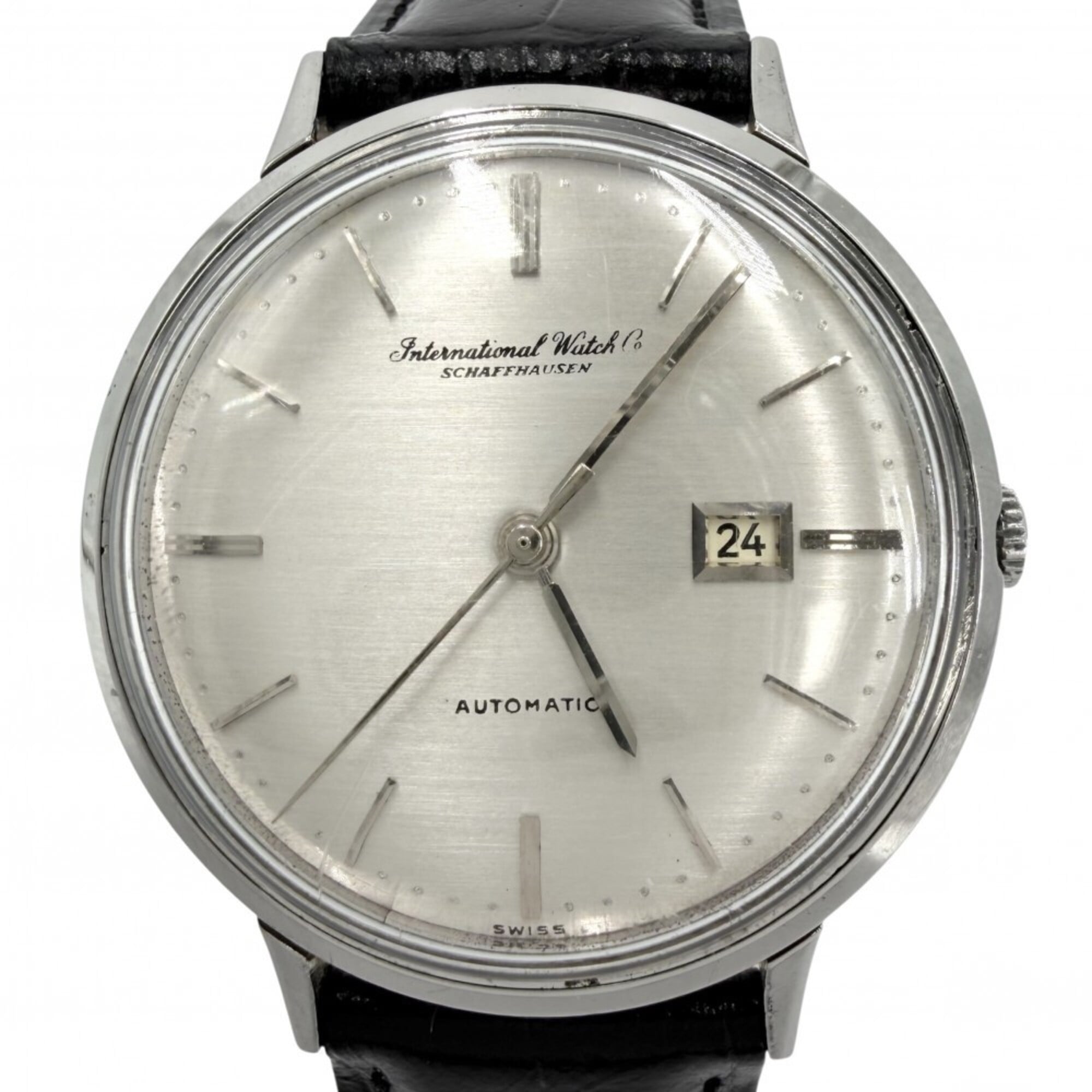 IWC Schaffhausen Men\'s Watch, Automatic, Date Display, Silver Dial, Cal. 8531, Stainless Steel, Leather Strap, Silver/Black.