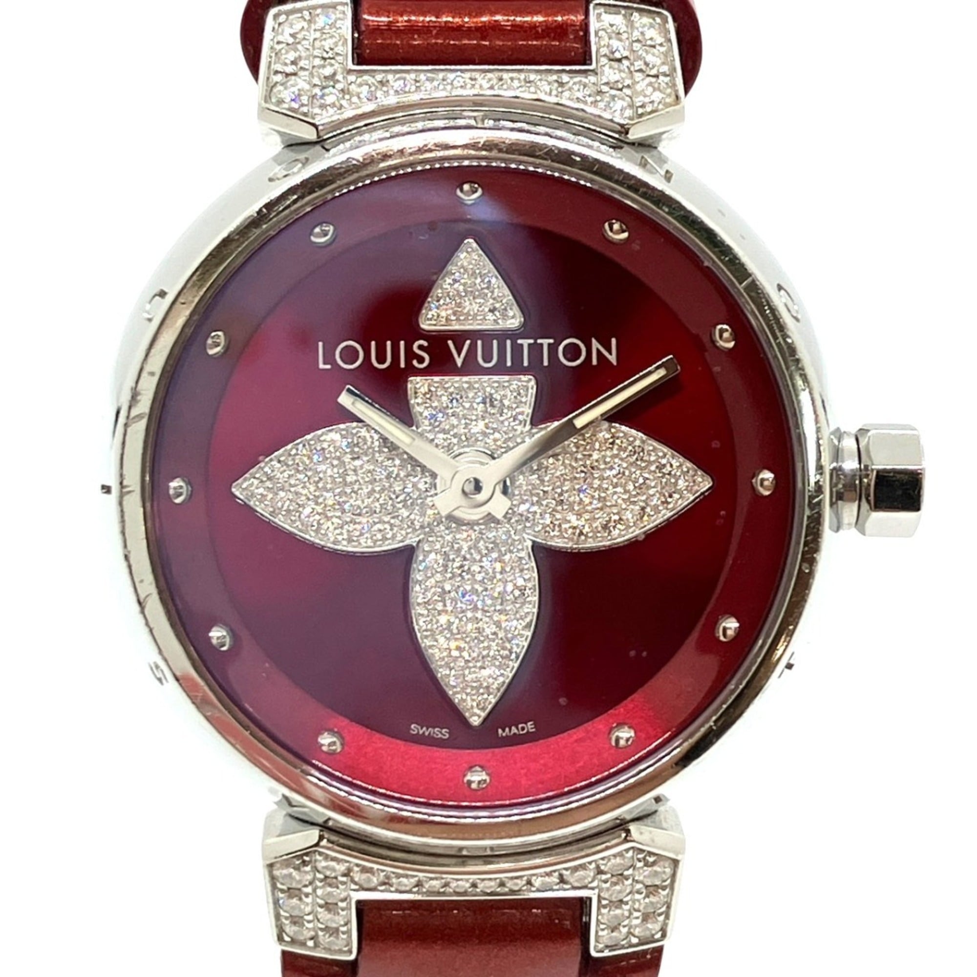 Louis Vuitton Tambour Forever watch with diamond lugs, total weight 36.5g, stainless steel, genuine leather strap, diamonds, quartz movement, red dial, Q121L
