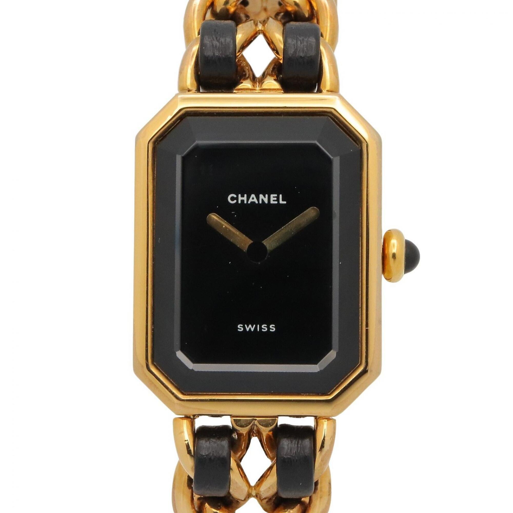 Chanel CHANEL Première S Watch, Gold Plated (GP), Leather Strap, Women\'s, Black, H0001