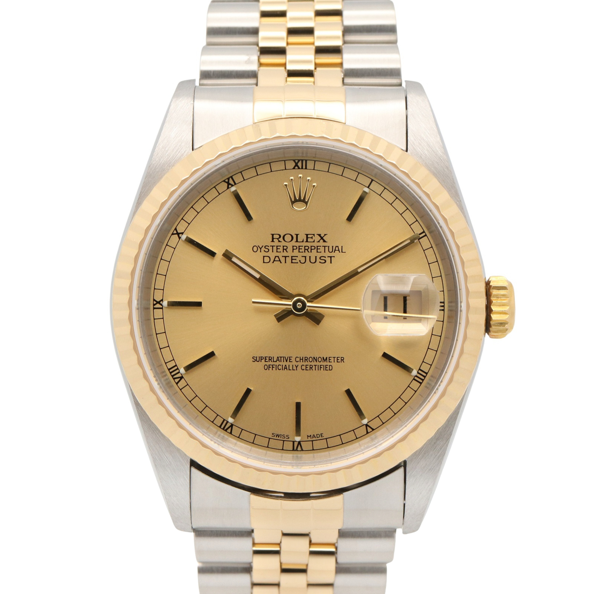 Rolex Datejust Y-serial watch, 18K (yellow gold) stainless steel, men\'s, gold-tone, champagne bar color, 16233.