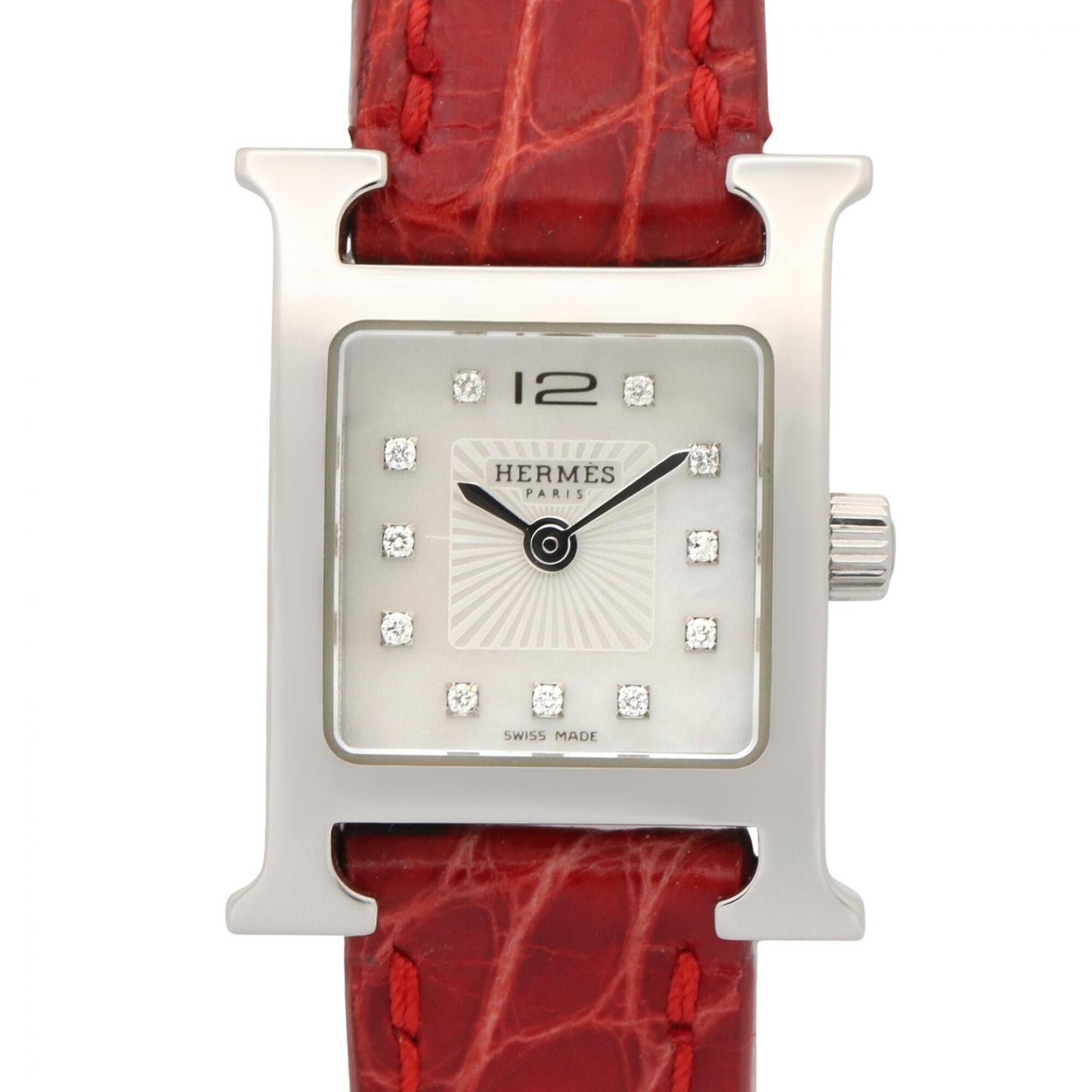 Hermes H-Watch Mini White Shell Wristwatch, Stainless Steel, Diamond, Leather Strap, Women\'s, (HH1.110)