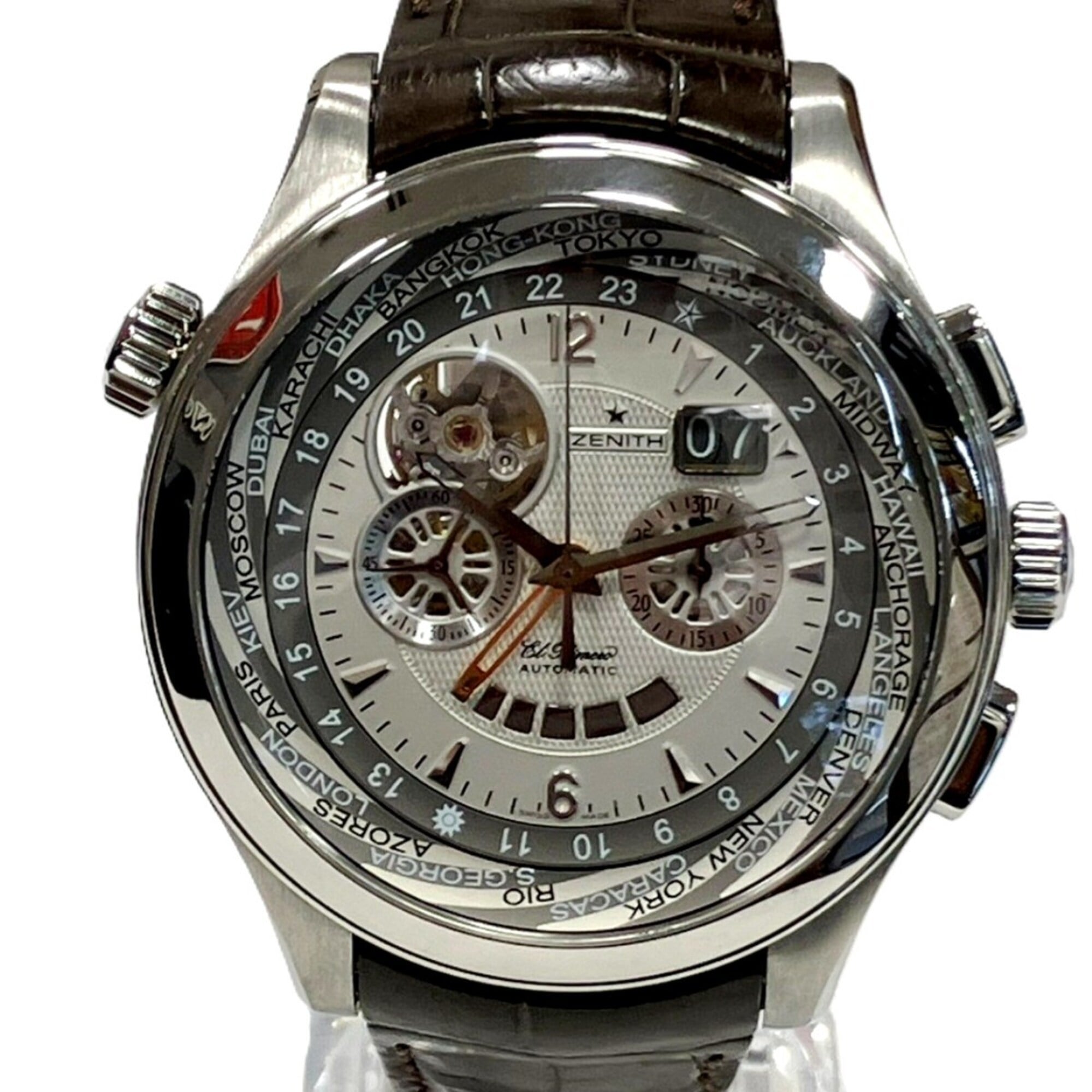 Zenith Grand Class Open Traveler Multi-City Watch, Total Weight 150.5g, Stainless Steel, Genuine Leather Strap, Automatic Movement, Silver Dial, 03.0520.4037 01.C492