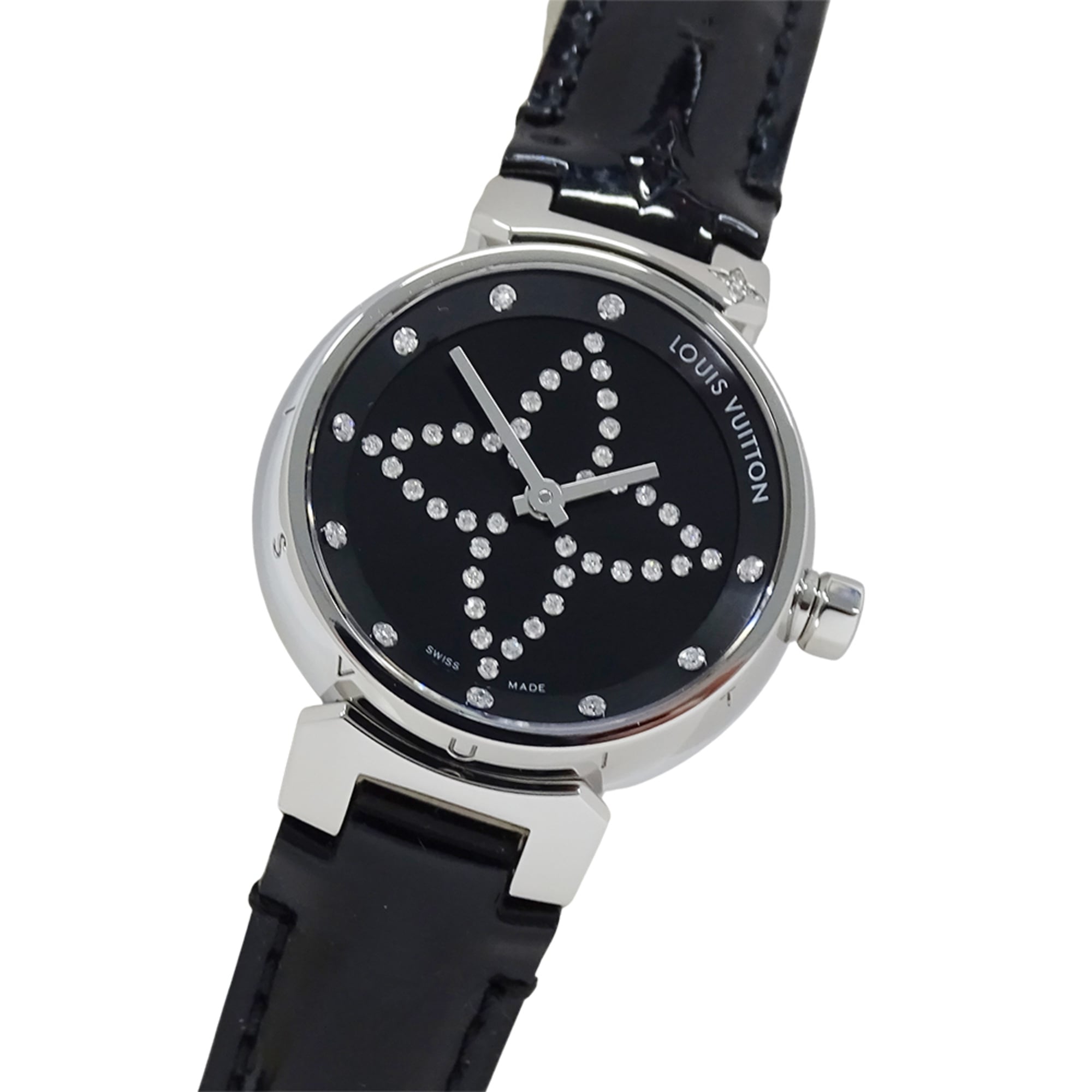 Louis Vuitton LOUIS VUITTON Women\'s Watch Tambour Forever Diamond Quartz QZ Stainless Steel SS Leather Q12M5 Silver Black
