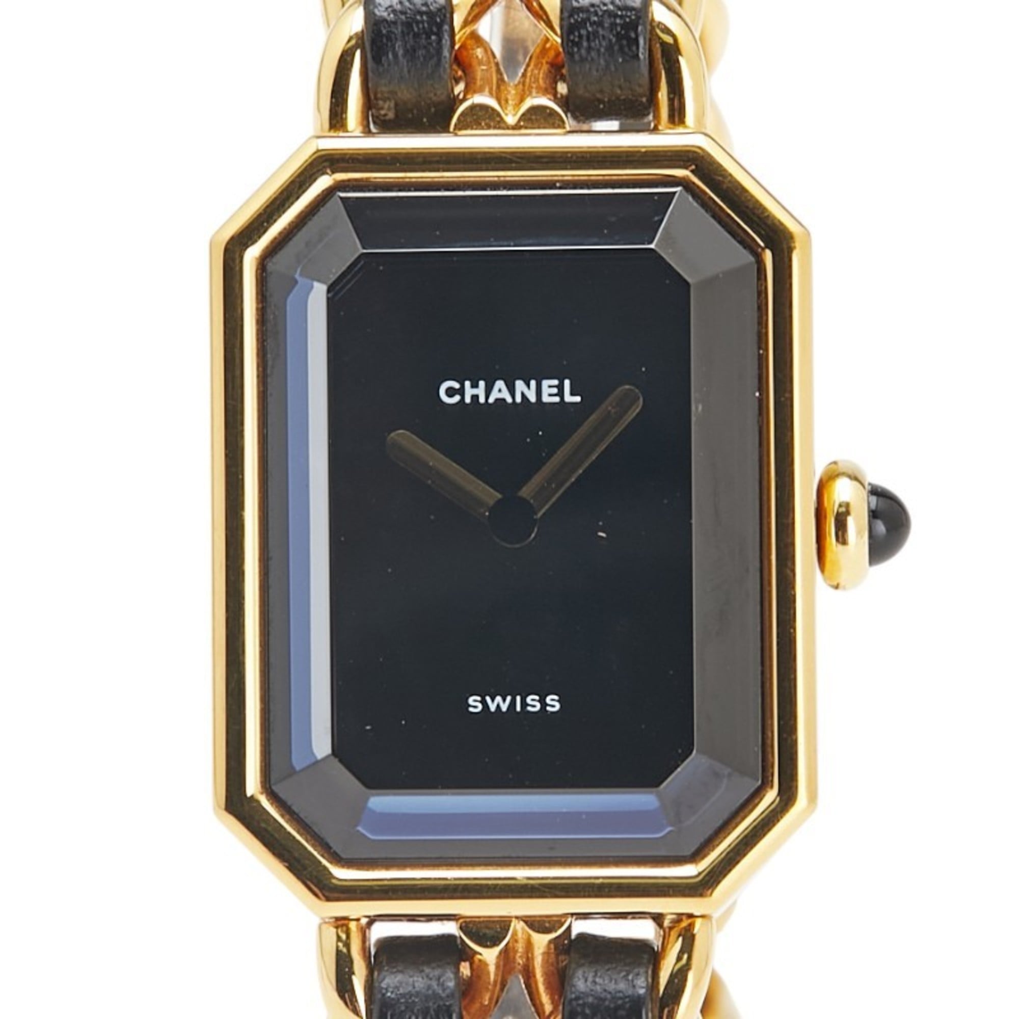 CHANEL Premiere M Quartz Watch with Black Dial and Plated Leather Strap for Women