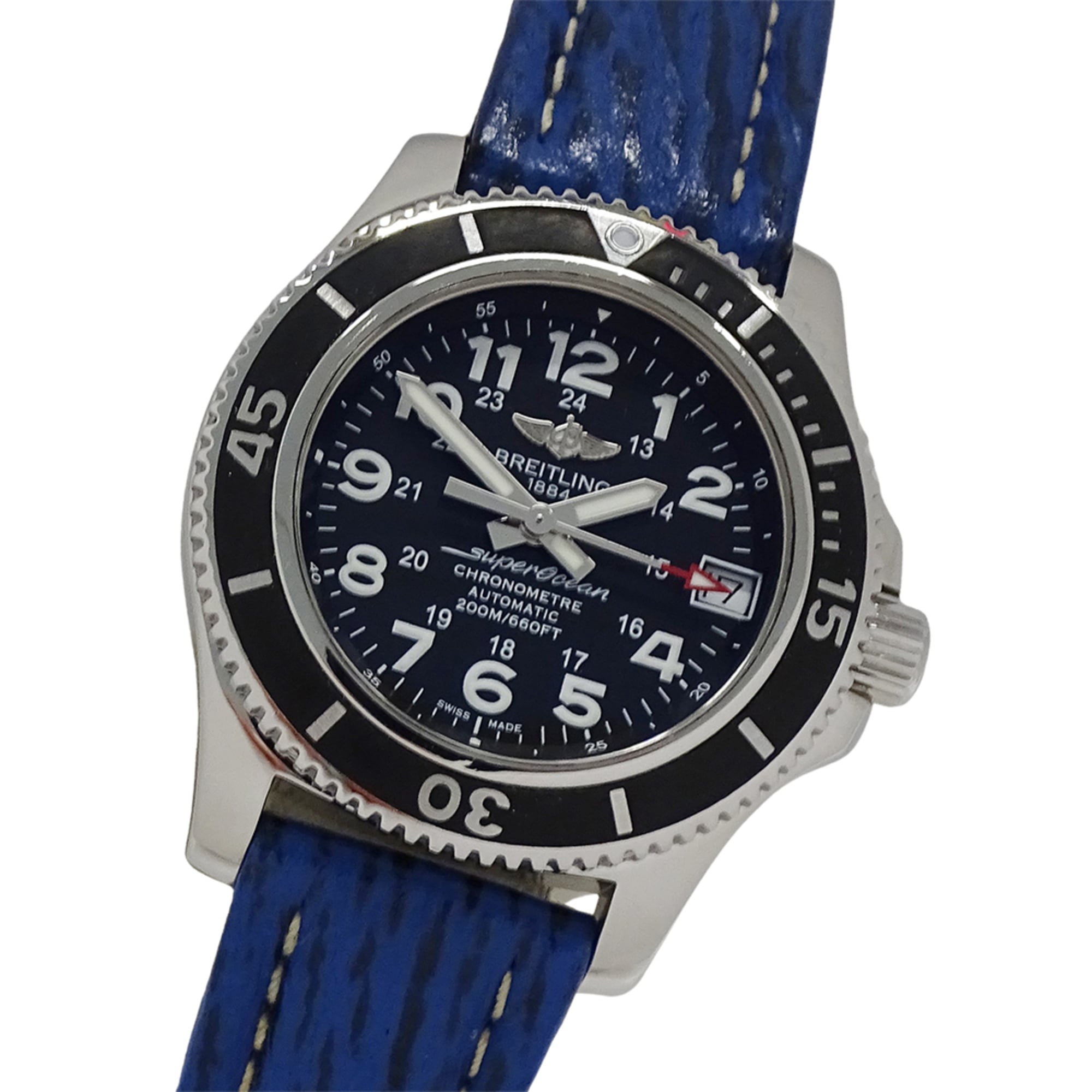 Breitling Superocean A17312 Watch, Boys\' Size, Brand, Date, Automatic, Stainless Steel (SS), Leather Strap, Silver, Black