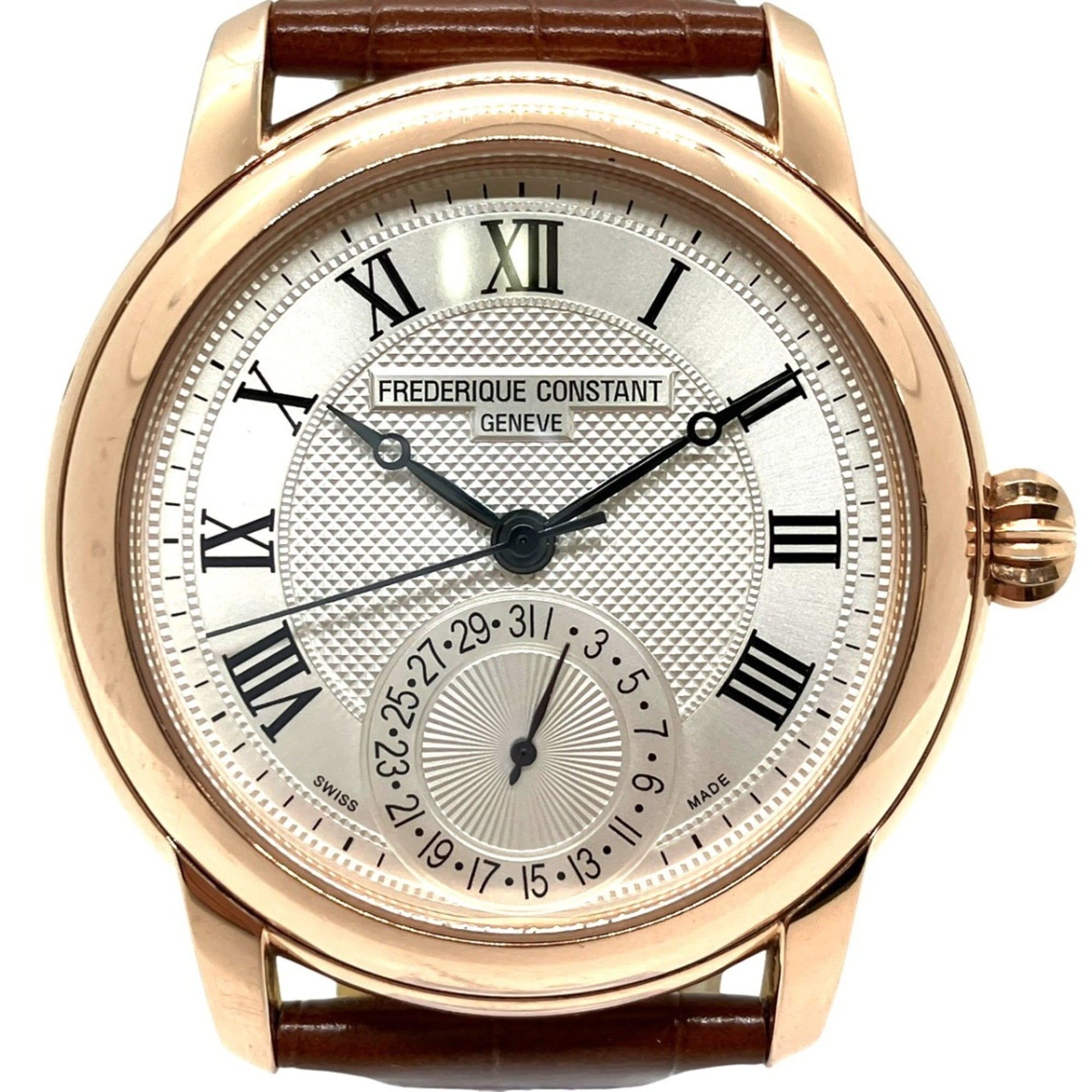 Frederique Constant Classic Manufacture wristwatch, total weight 82.8g, GP (gold plated) strap, genuine leather, automatic movement, silver dial, FC-710X4H4/5/6