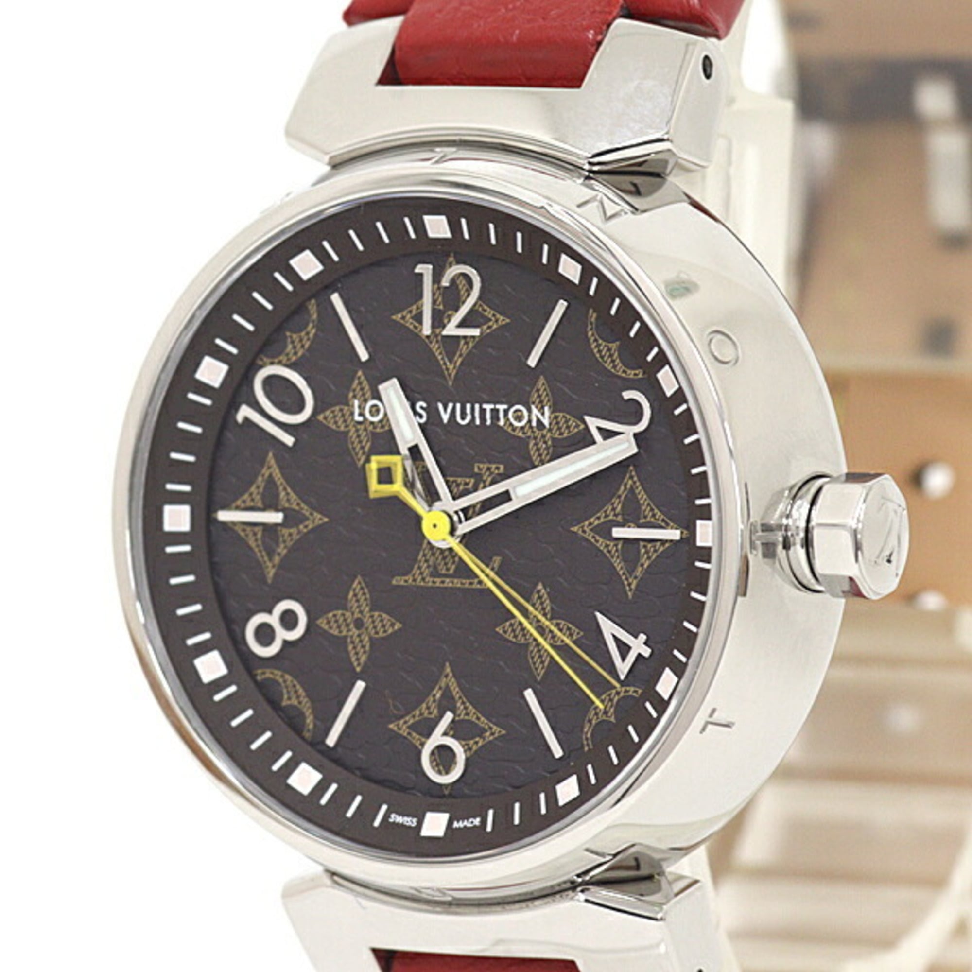 Louis Vuitton women\'s watch, Tambour QA071, Monogram pattern, brown dial, quartz movement, recently refinished.
