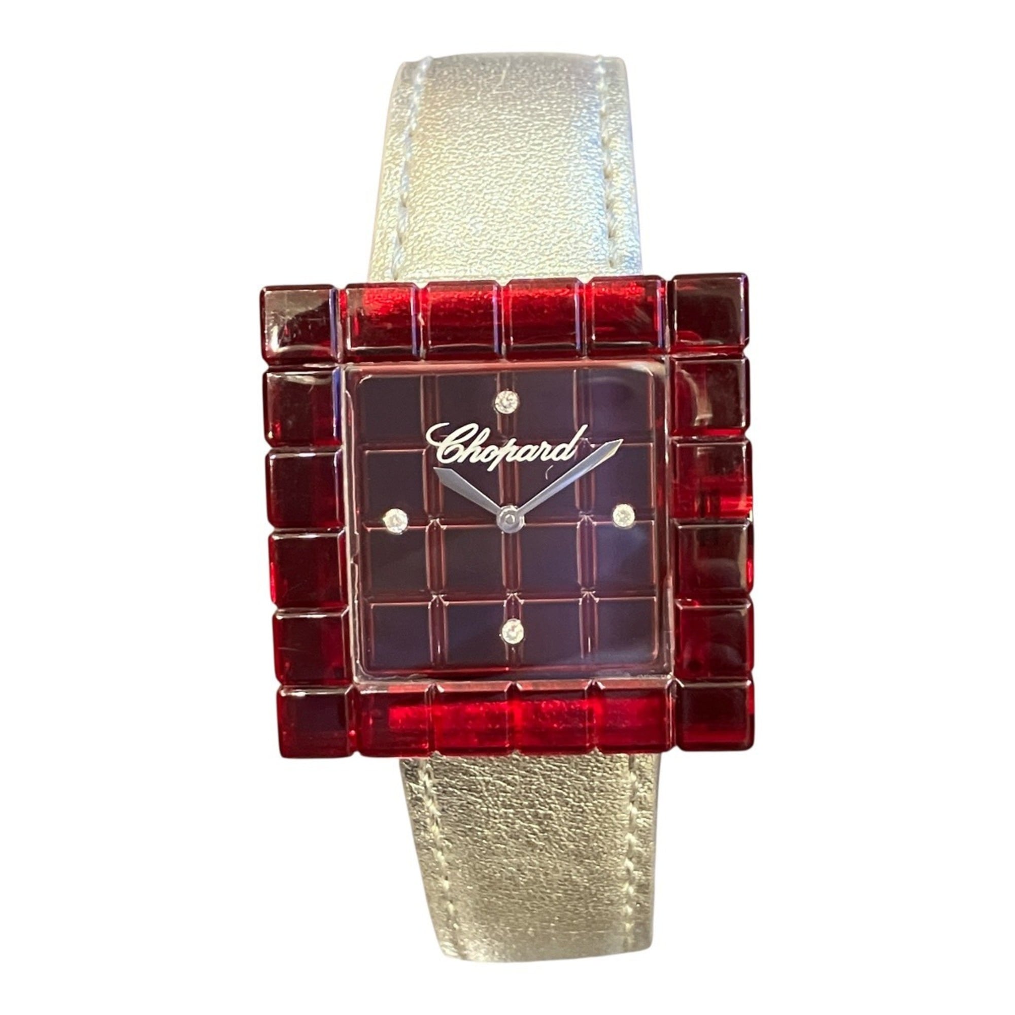 Chopard Ice Cube BeMad Watch, Total Weight 29g, Stainless Steel, Genuine Leather Strap, Quartz Movement, Red Dial, 12/7780