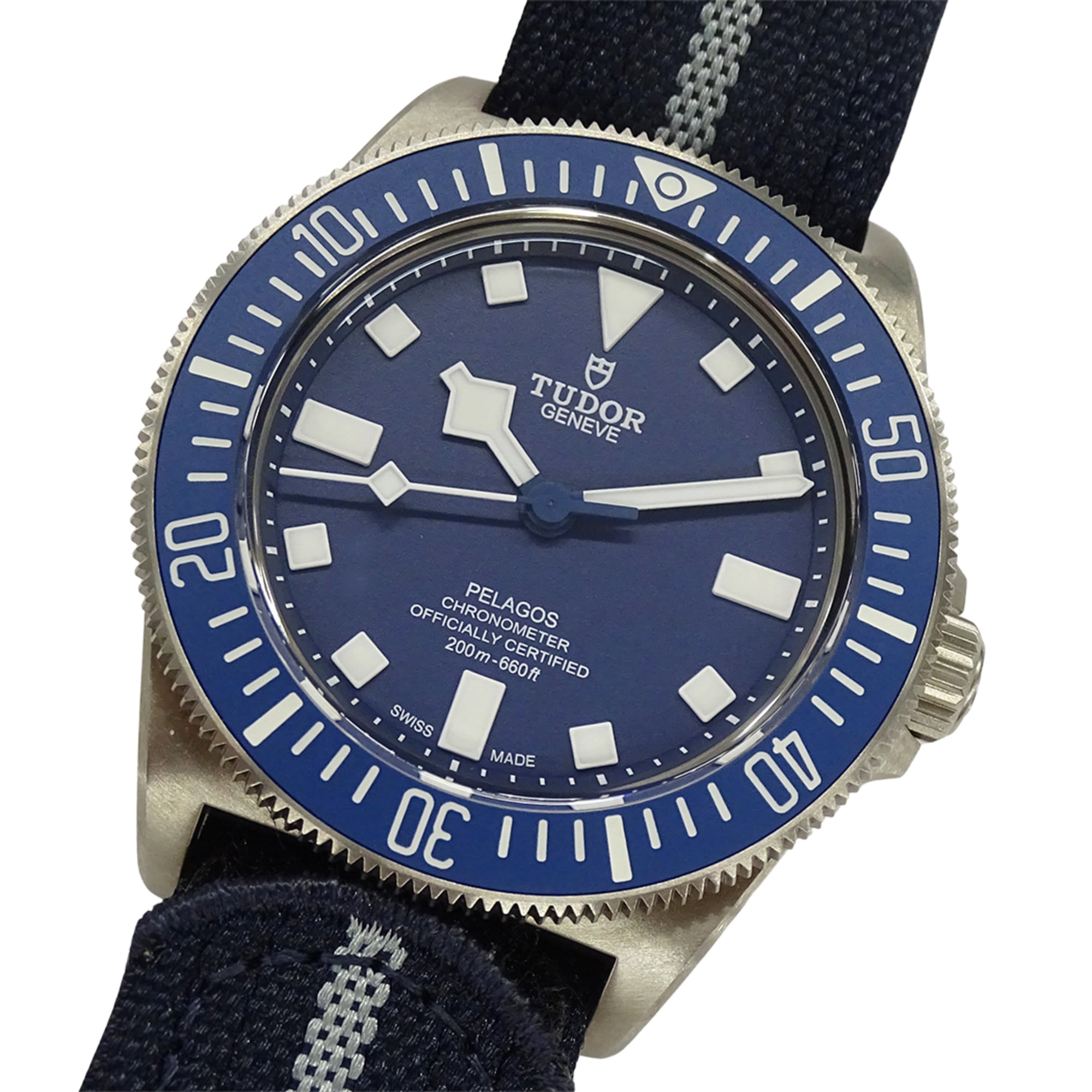 Tudor Pelagos FXD 25707B 24 Men\'s Automatic Watch, Titanium, Fabric Strap, Silver & Blue.