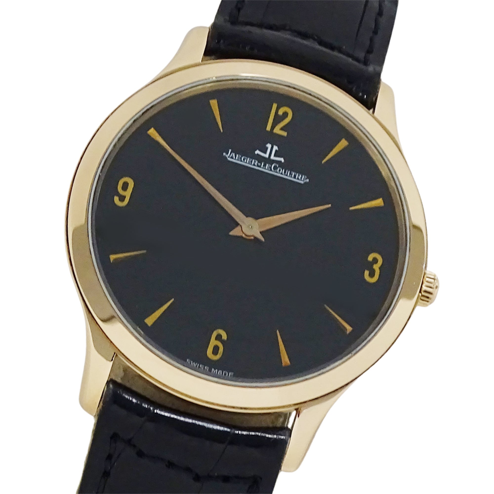 Jaeger-LeCoultre Master Ultra Thin 145.2.79.S Men\'s Watch, Brand Name, Manual Winding, 750PG, Leather Strap, Open Caseback