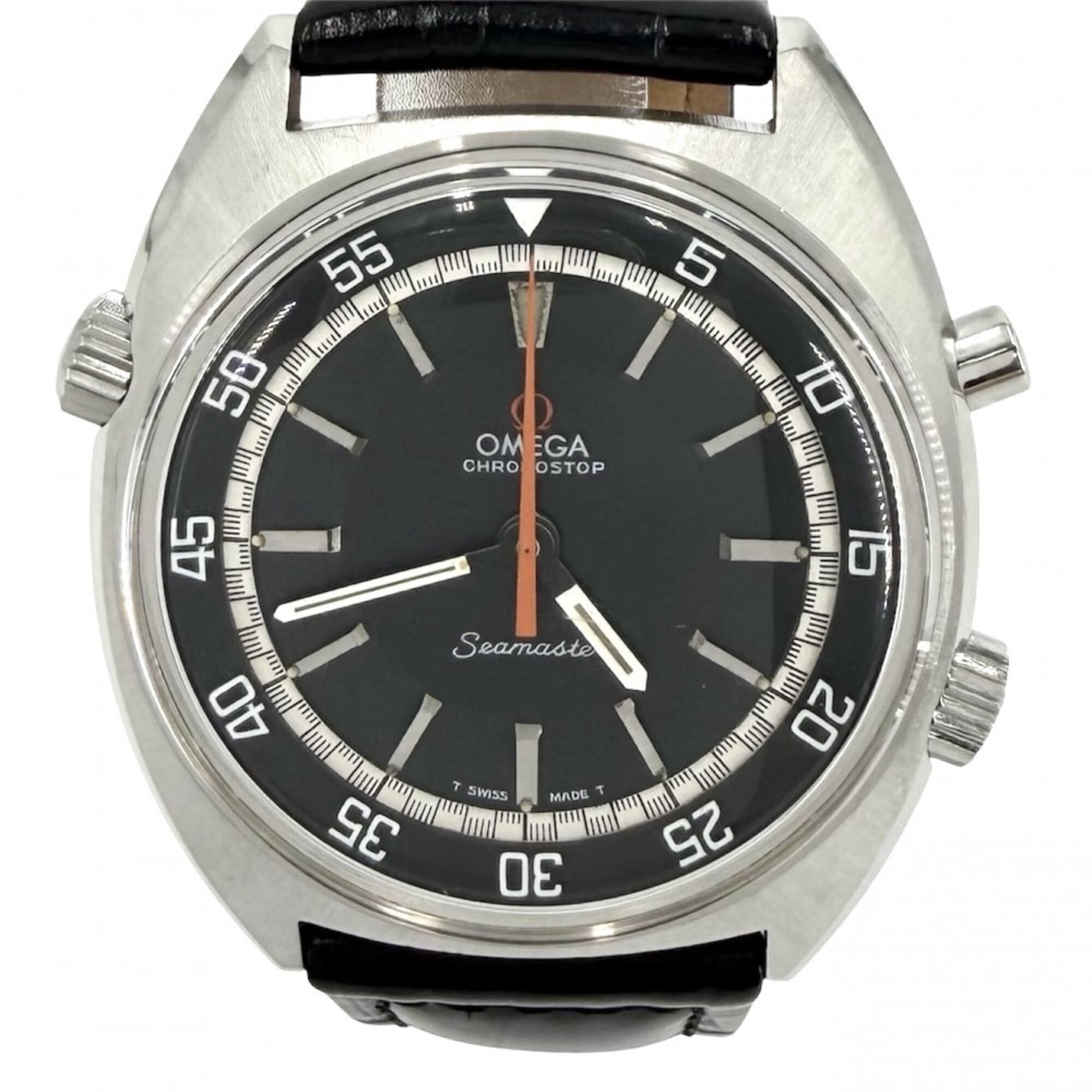 Omega Seamaster men\'s watch, cal. 865 Chronostop MT, inner bezel, black dial, OMEGA 145.008, manual winding, stainless steel, leather strap, black, silver hardware.