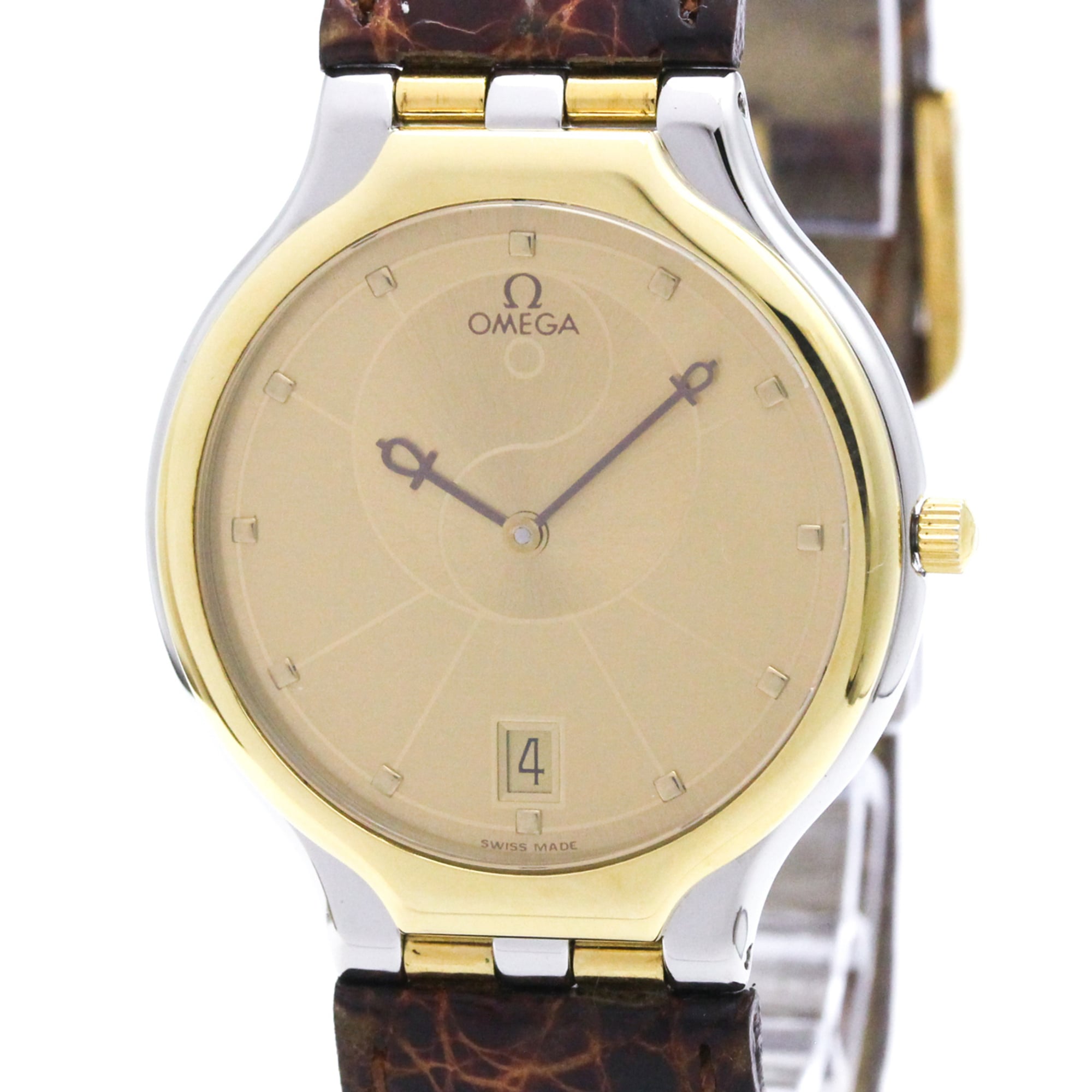 OMEGA De Ville Symbol K18 Gold Steel Leather Quartz Watch 396.1016