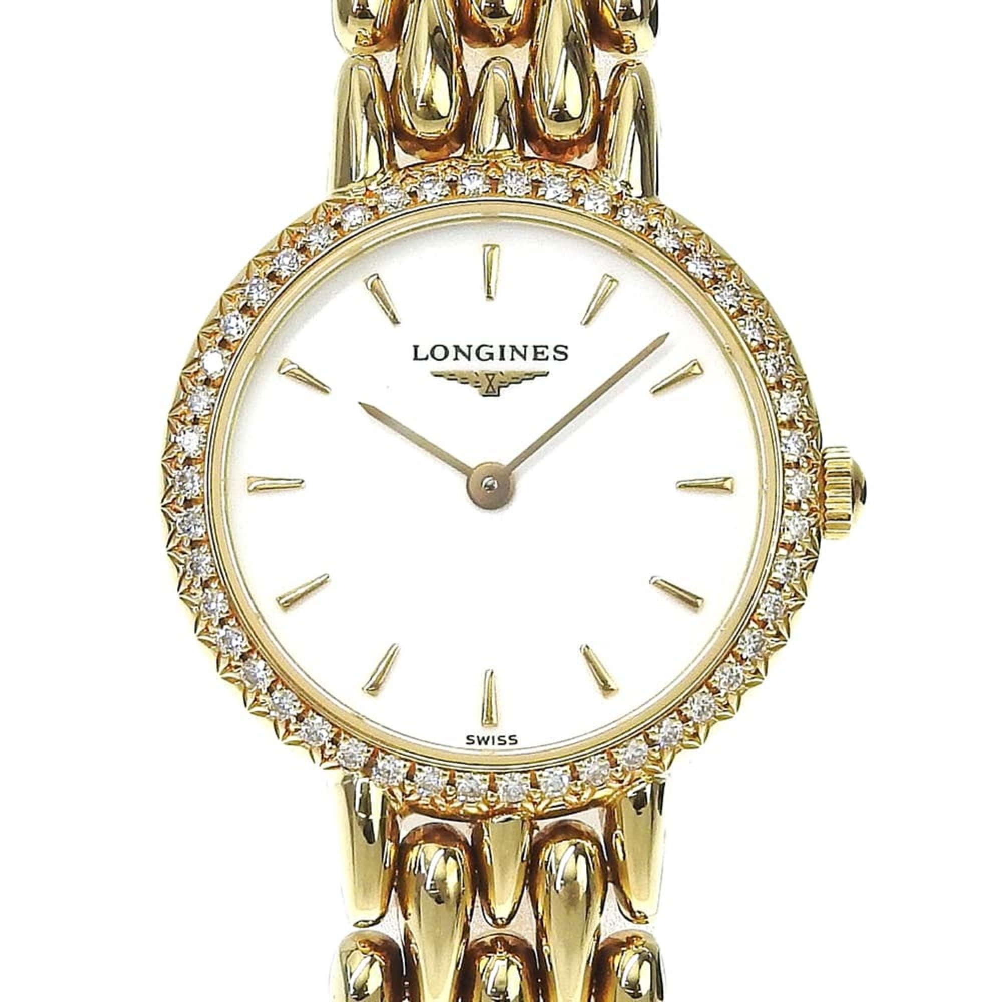 Longines L7 373 3 Solid Gold Watch, Original Diamond Bezel, White Dial, 18K Yellow Gold, 48.5g, Quartz Movement, Approx. 23mm, Ladies\' Watch