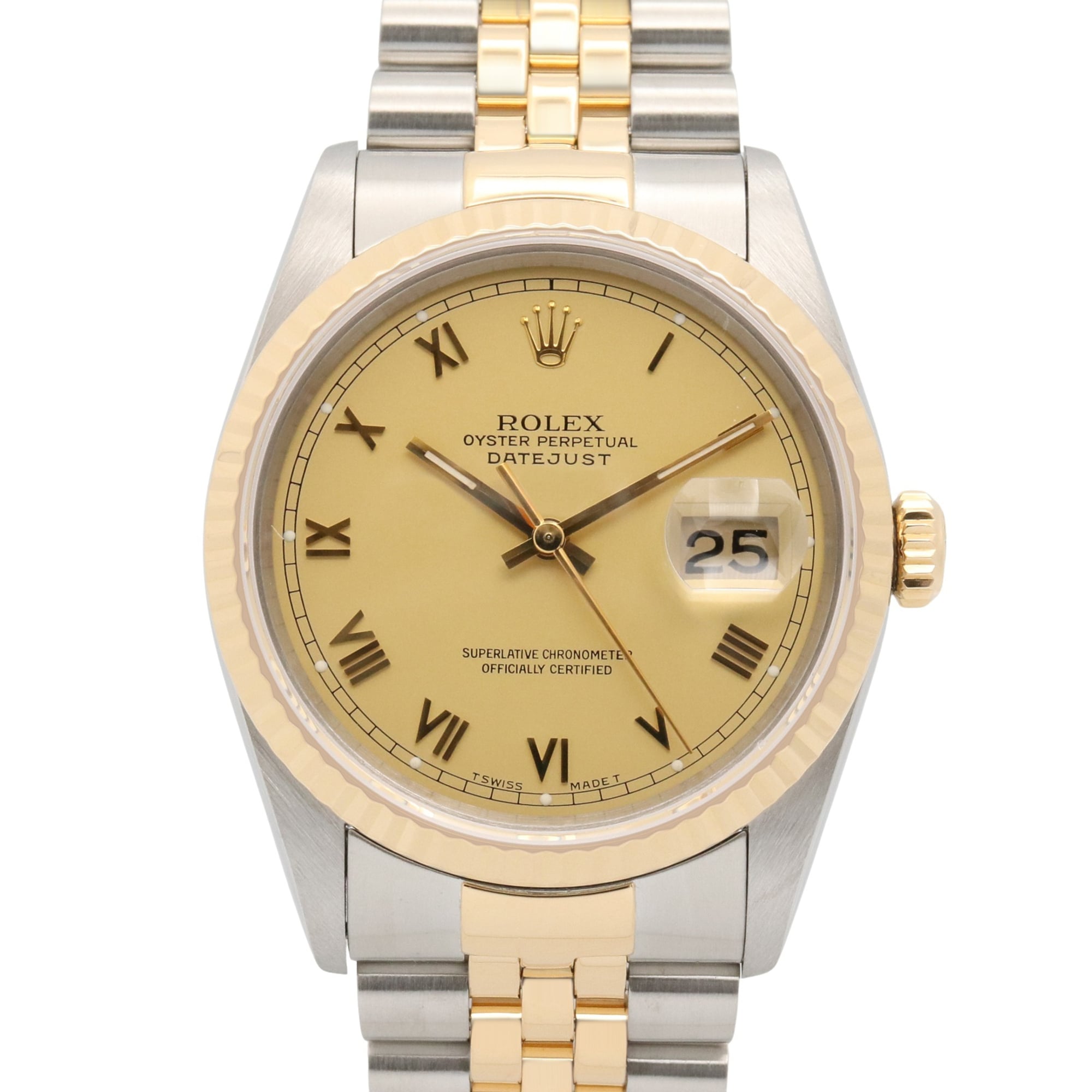 Rolex Datejust S-series watch, 18K (yellow gold) stainless steel, men\'s, gold-tone champagne color, Roman numerals, 16233