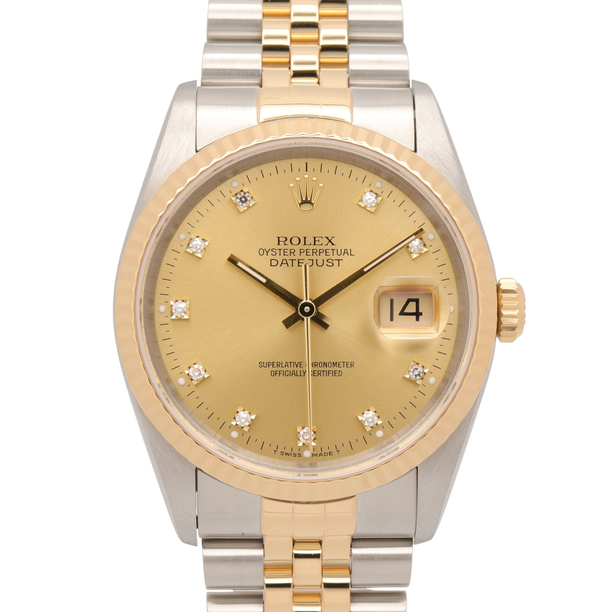 Rolex Datejust 10P Diamond S-serial Watch, 18K (Yellow Gold) Stainless Steel, Diamond, Men\'s, Gold Tone, Champagne, Old Model, 16233G