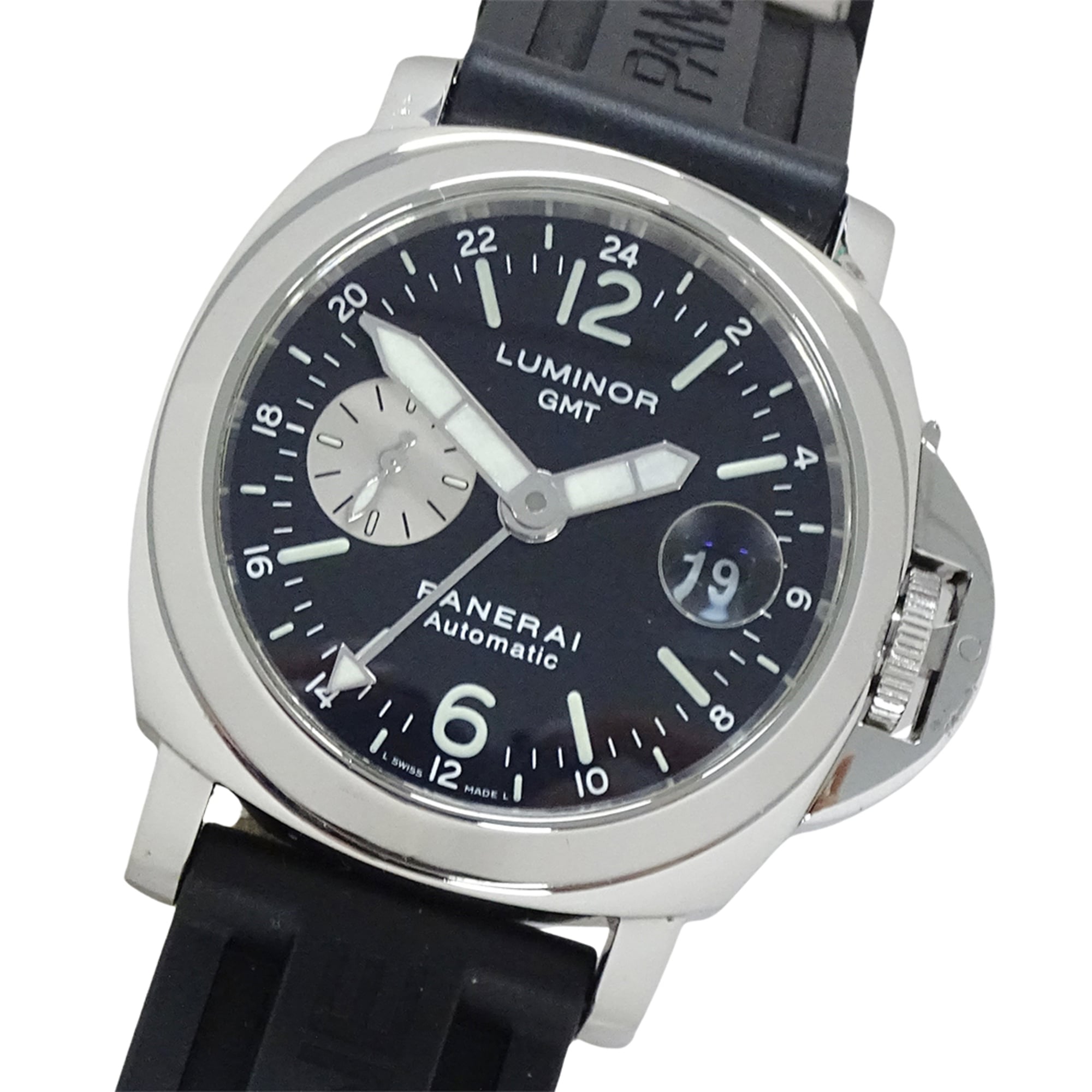 Panerai Luminor GMT PAM00088 Men\'s Watch, Brand Name, Date, Automatic Movement, Stainless Steel (SS), Rubber Strap, Silver, Black