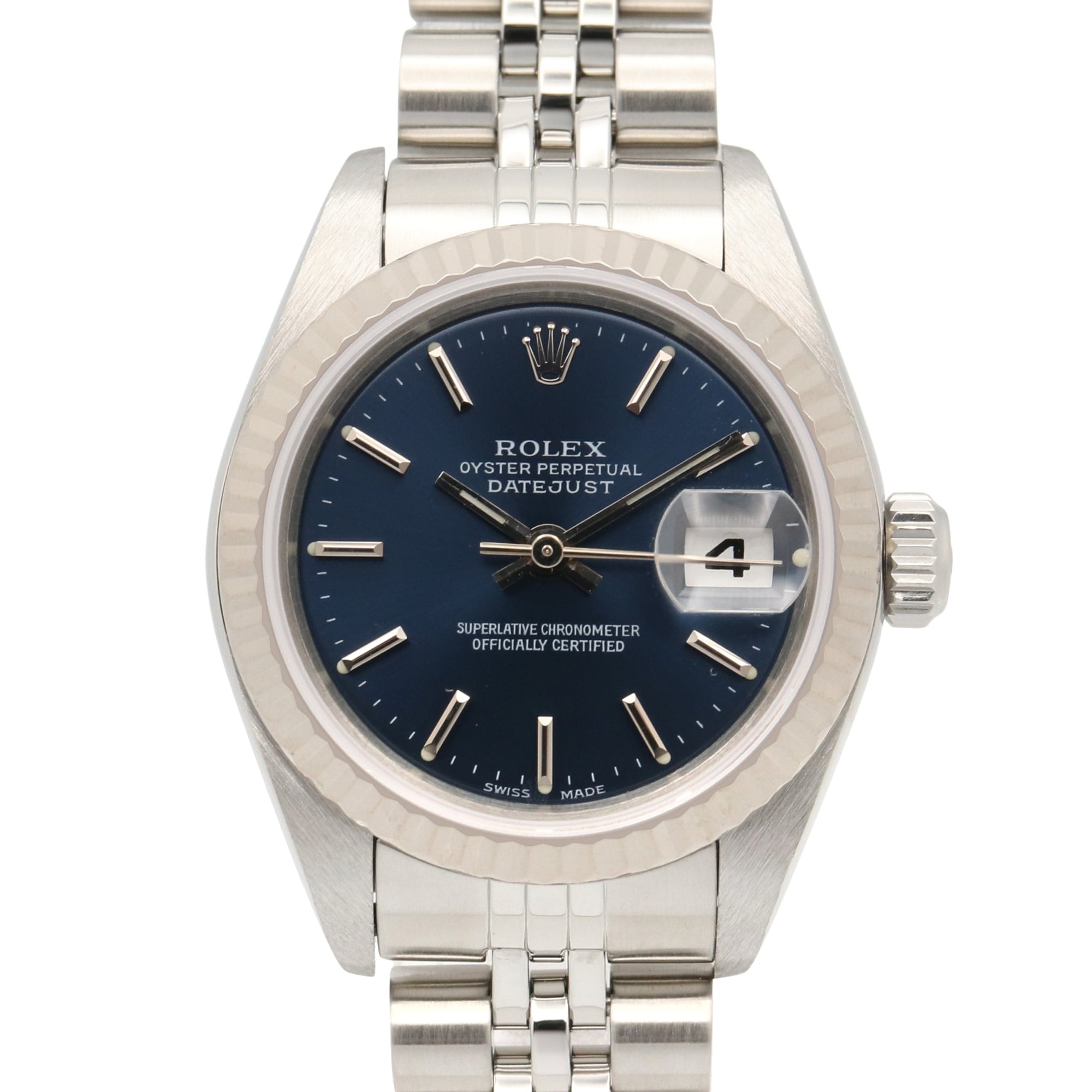 Rolex Datejust F-series watch, 18K white gold (WG) stainless steel, ladies\', blue dial, bar lacing, 79174