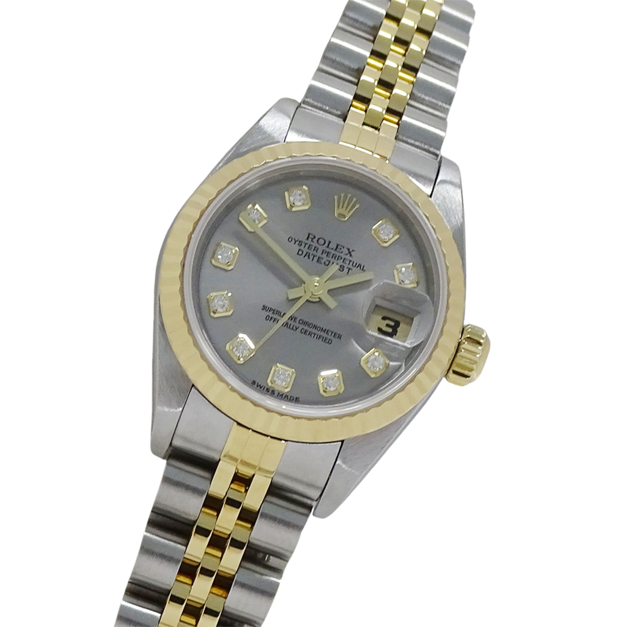 Rolex Datejust 79173G F-serial, Ladies\' Watch, Brand Name, 10P Diamonds, Automatic Movement, Stainless Steel (SS), Gold (YG), and Gray Combination.