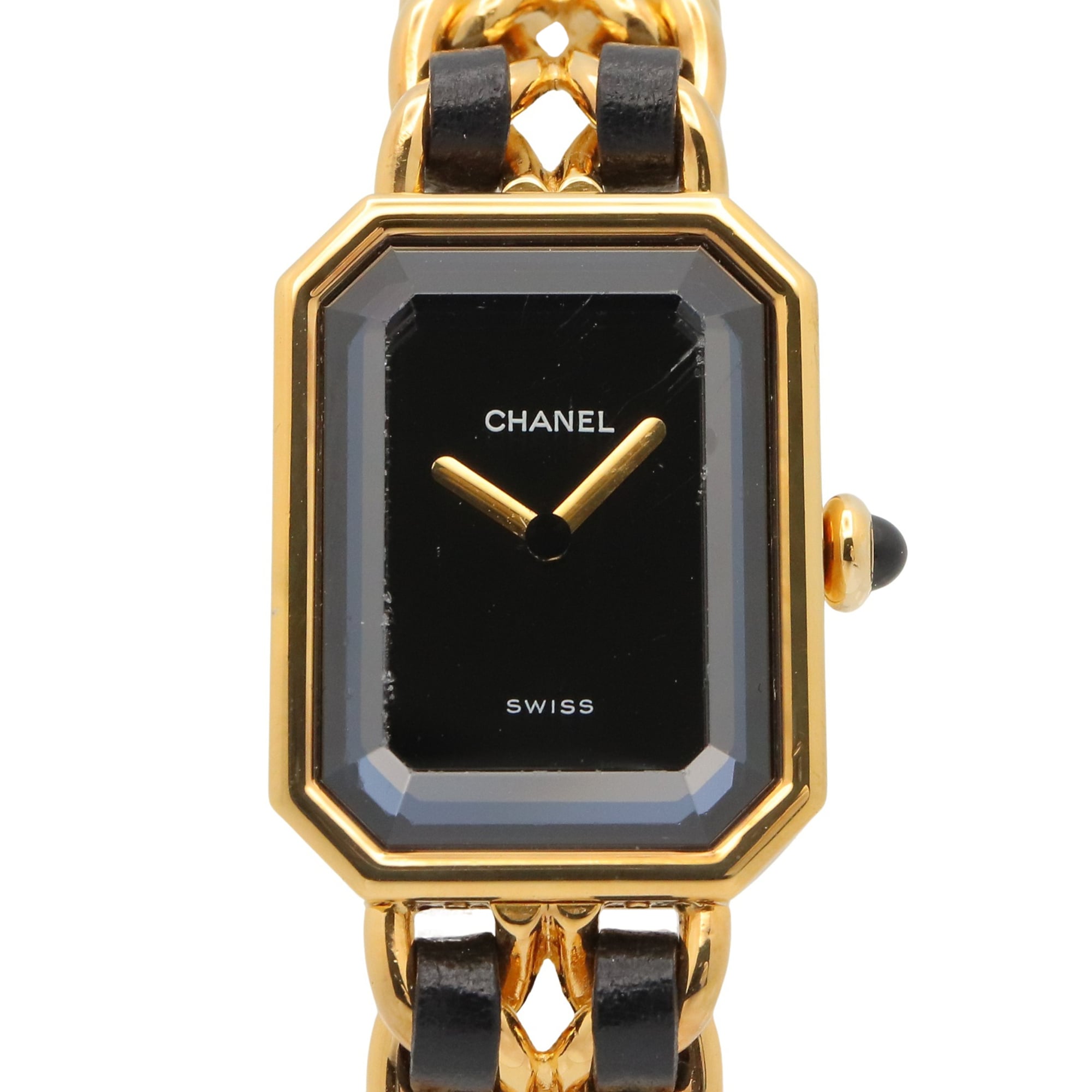 Chanel CHANEL Première S Watch, Gold Plated (GP), Leather Strap, Women\'s, Black, H0001