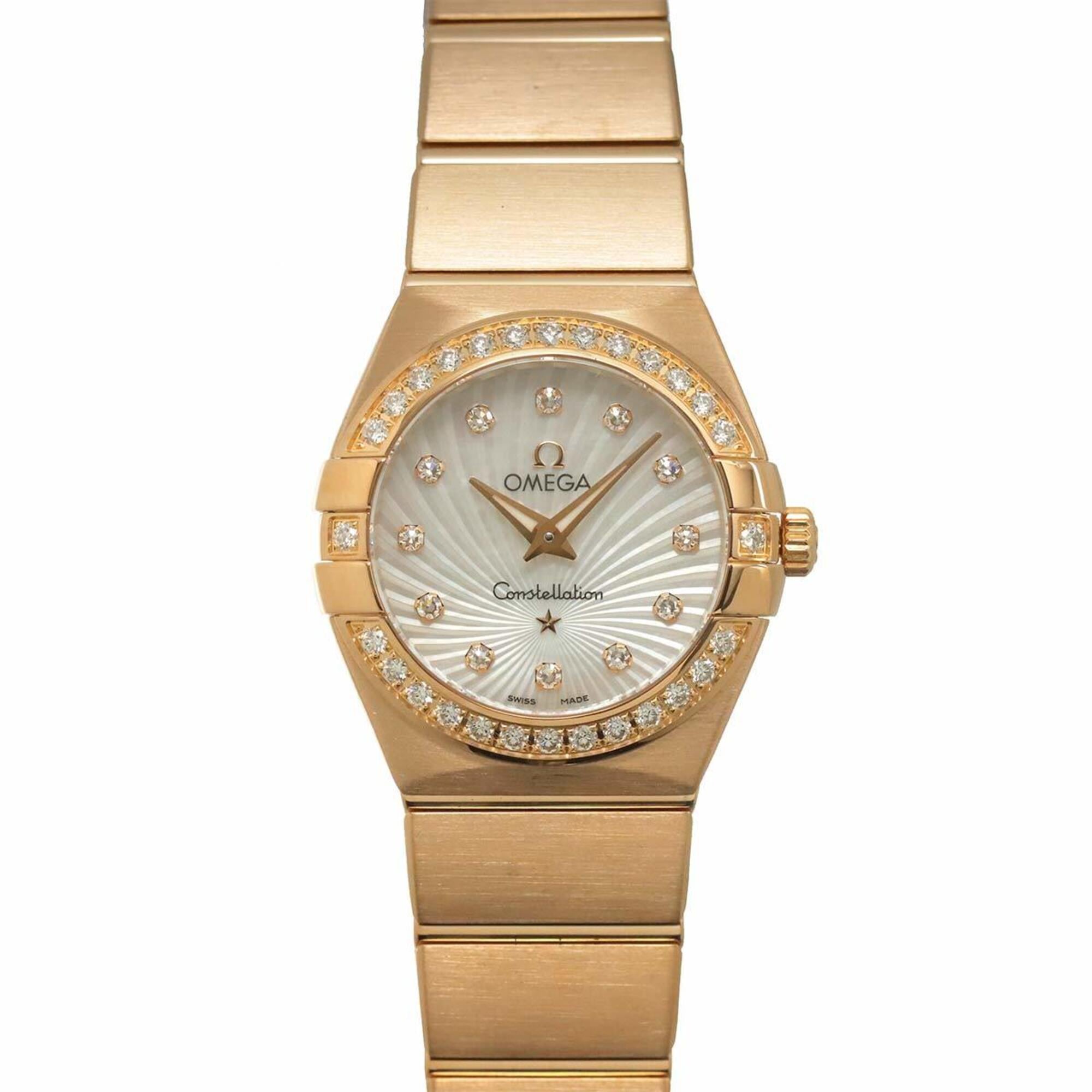 Omega Constellation 123 55 24 60 001 Ladies\' Watch with Diamond Bezel, 12 Diamonds, White Mother-of-Pearl, 18K Pink Gold, Solid Quartz